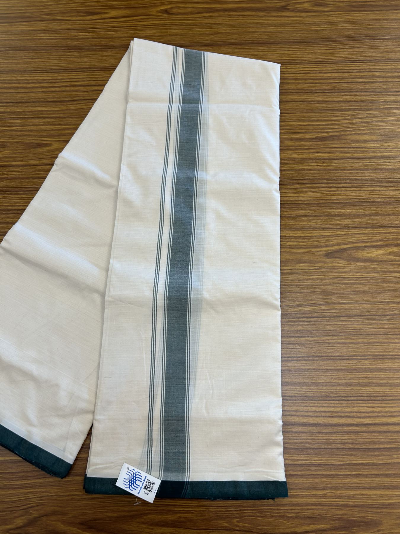 Kerala Handloom - Signature Kaitharikada -100% Pure Cotton! (2/120X2/160) Twisted Thread- Off White Double Mundu/Dhoti - 1.25 inch Green Striped Kara 4 mtr (8.5 muzham) - 14 KK5331 KAL