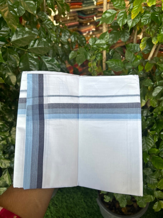 20% Discount ! Kaitharikada Balaramapuram 100% Cotton PURE WHITE Double Mundu/Dothi - 100x80 - 1.25 inch Light Blue & Blue Shaded Striped Kara 3.90 mtr (8 muzham) - 89 KK5294 THI