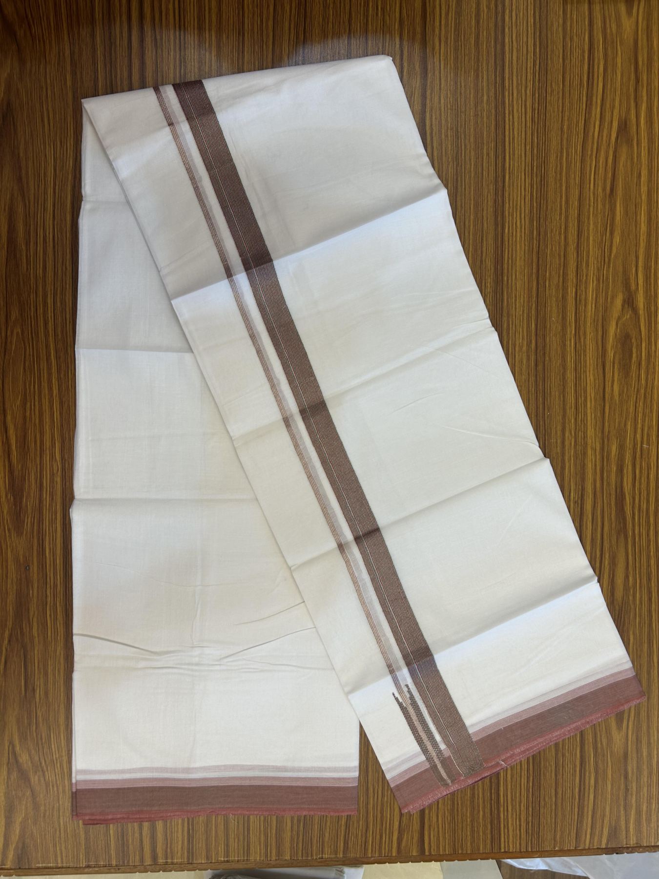 20% Discount!! Kaitharikada Balaramapuram 100% Pure Cotton Pure White Double Mundu/Dothi - 100x80 - 1.5 inch Black , Dusty Rose & Green Silver Kasav Stripes Chutty Kara 3.90 m (8 muzham) - 19 KK5356 VAS