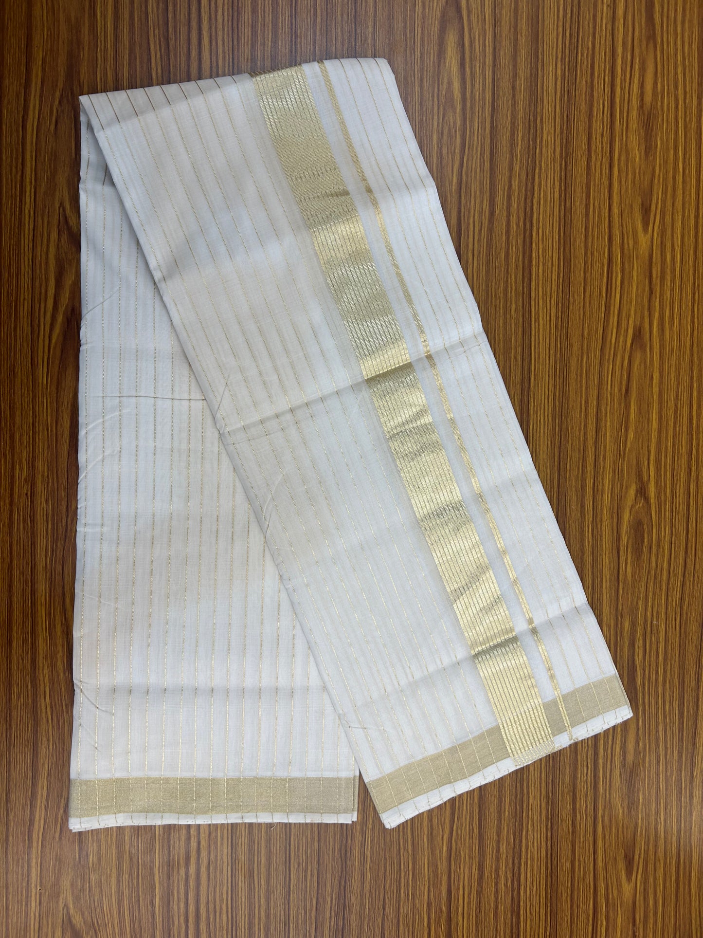 25% Discount ! KaithariKada Handloom Unakkupaav - Kerala Handloom - 100% Pure Cotton Off White - (Unbleached) Double Mundu/Dhoti - 100x80 - 1.75 inch Light Kasav kara with Full Body Stripes 4 mtr (8.5 Muzham) - 3 KK5375 ABH