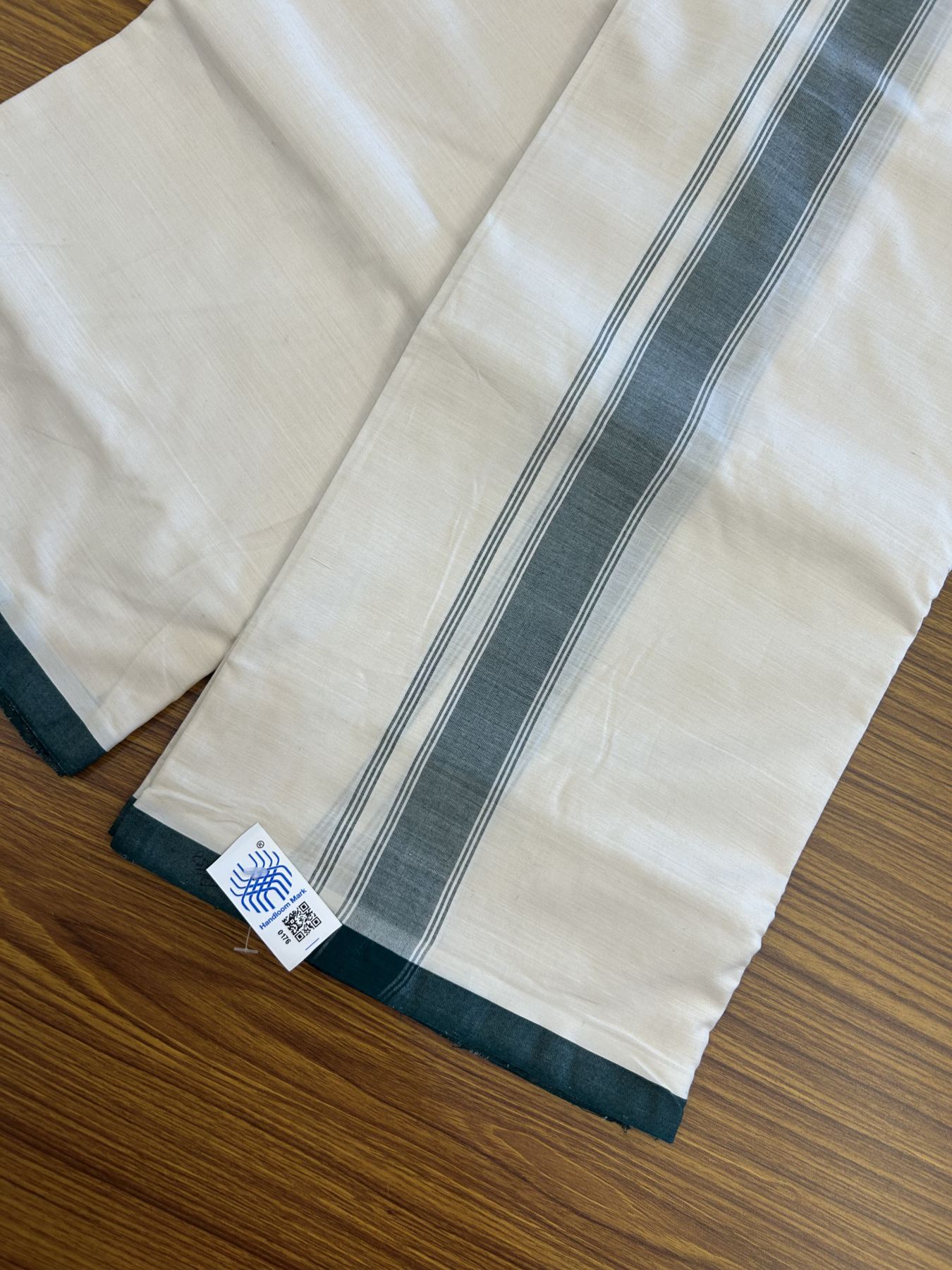 Kerala Handloom - Signature Kaitharikada -100% Pure Cotton! (2/120X2/160) Twisted Thread- Off White Double Mundu/Dhoti - 1.25 inch Green Striped Kara 4 mtr (8.5 muzham) - 14 KK5331 KAL