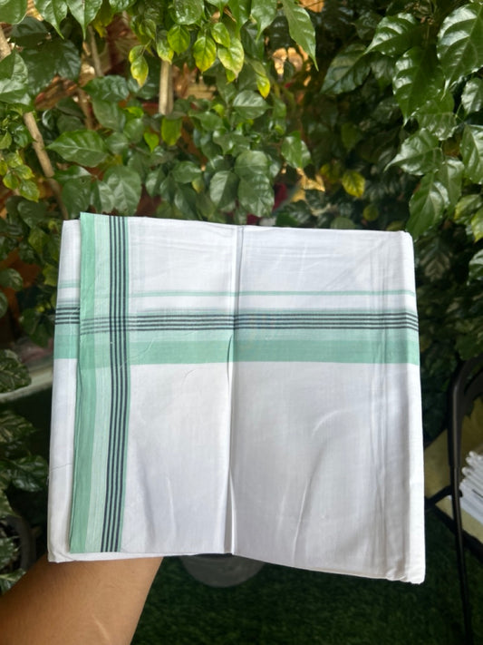 20% Discount ! Kaitharikada Balaramapuram 100% Cotton PURE WHITE Double Mundu/Dothi - 100x80 - 1.5 inch Turquoise Green & Blue Shaded Striped Kara 3.90 mtr (8 muzham) - 84 KK5294 THI