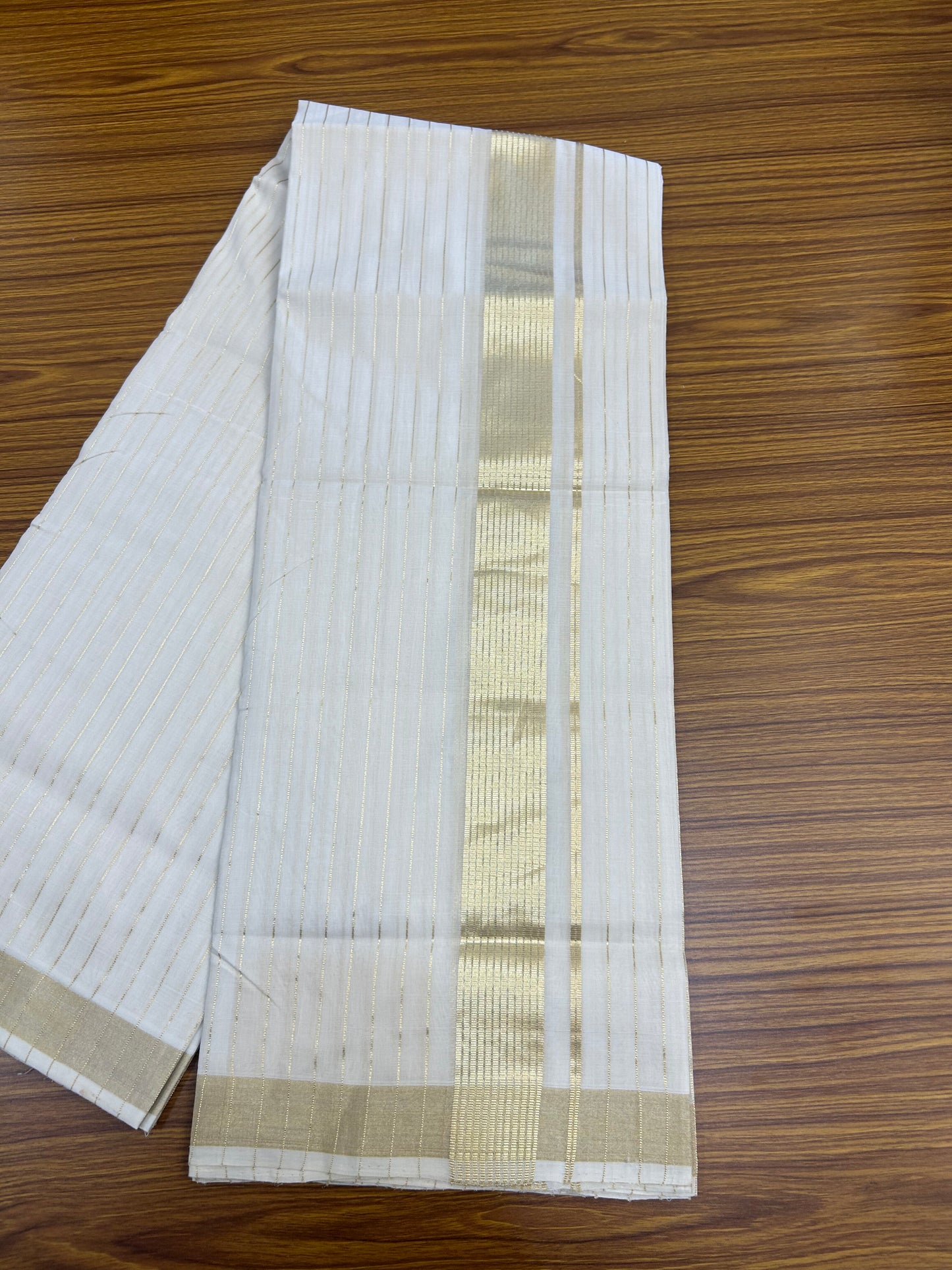25% Discount ! KaithariKada Handloom Unakkupaav - Kerala Handloom - 100% Pure Cotton Off White - (Unbleached) Double Mundu/Dhoti - 100x80 - 1.75 inch Light Kasav kara with Full Body Stripes 4 mtr (8.5 Muzham) - 3 KK5375 ABH
