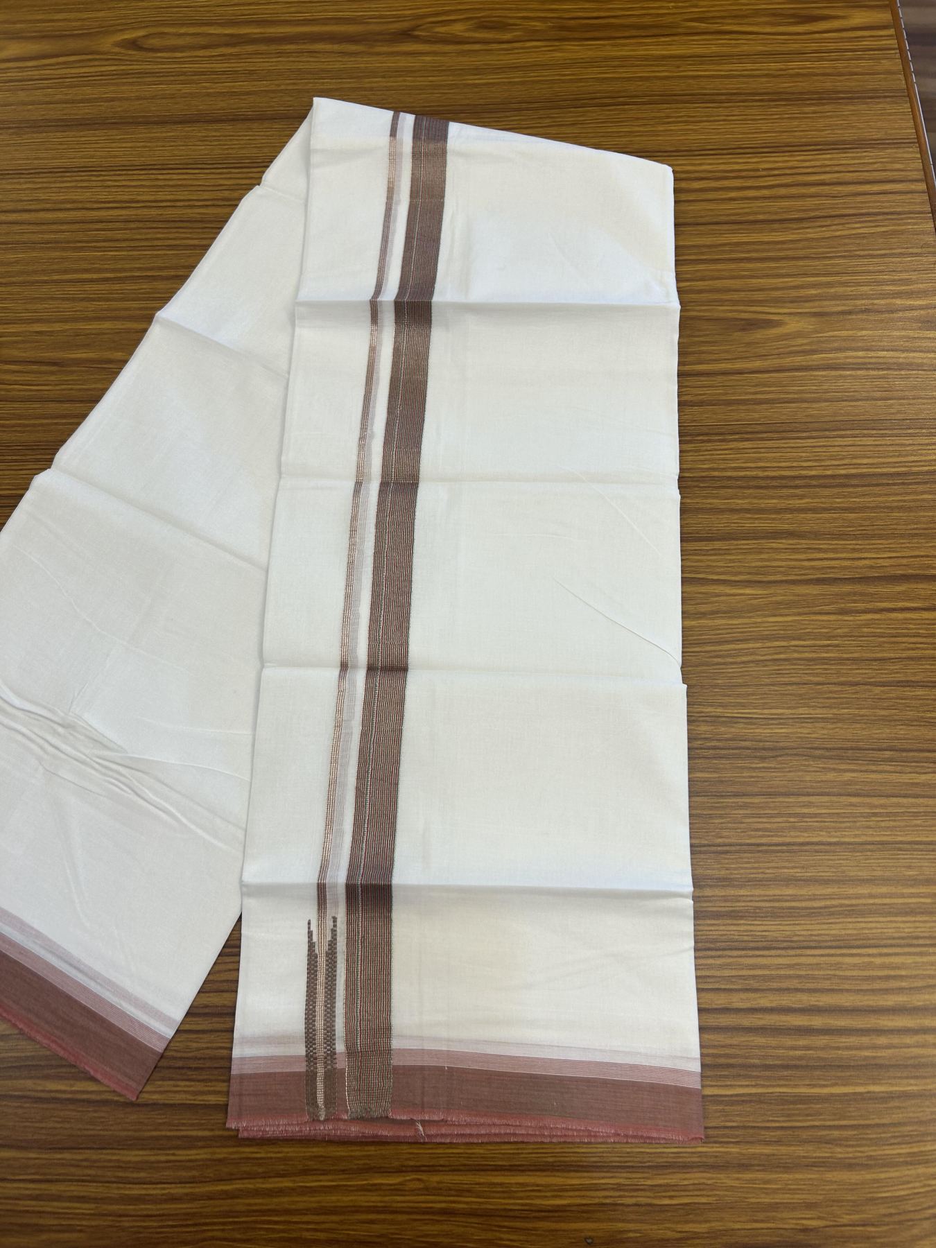 20% Discount!! Kaitharikada Balaramapuram 100% Pure Cotton Pure White Double Mundu/Dothi - 100x80 - 1.5 inch Black , Dusty Rose & Green Silver Kasav Stripes Chutty Kara 3.90 m (8 muzham) - 19 KK5356 VAS