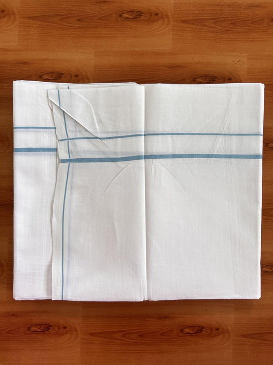 Single Pure White Mundu/Dhoti - KaithariKada Balaramapuram Pure Cotton - 70x30 - 0.3 Inch Pestal Blue Kara 1.90 mtr (4 muzham) - 11 KK5418 PMC