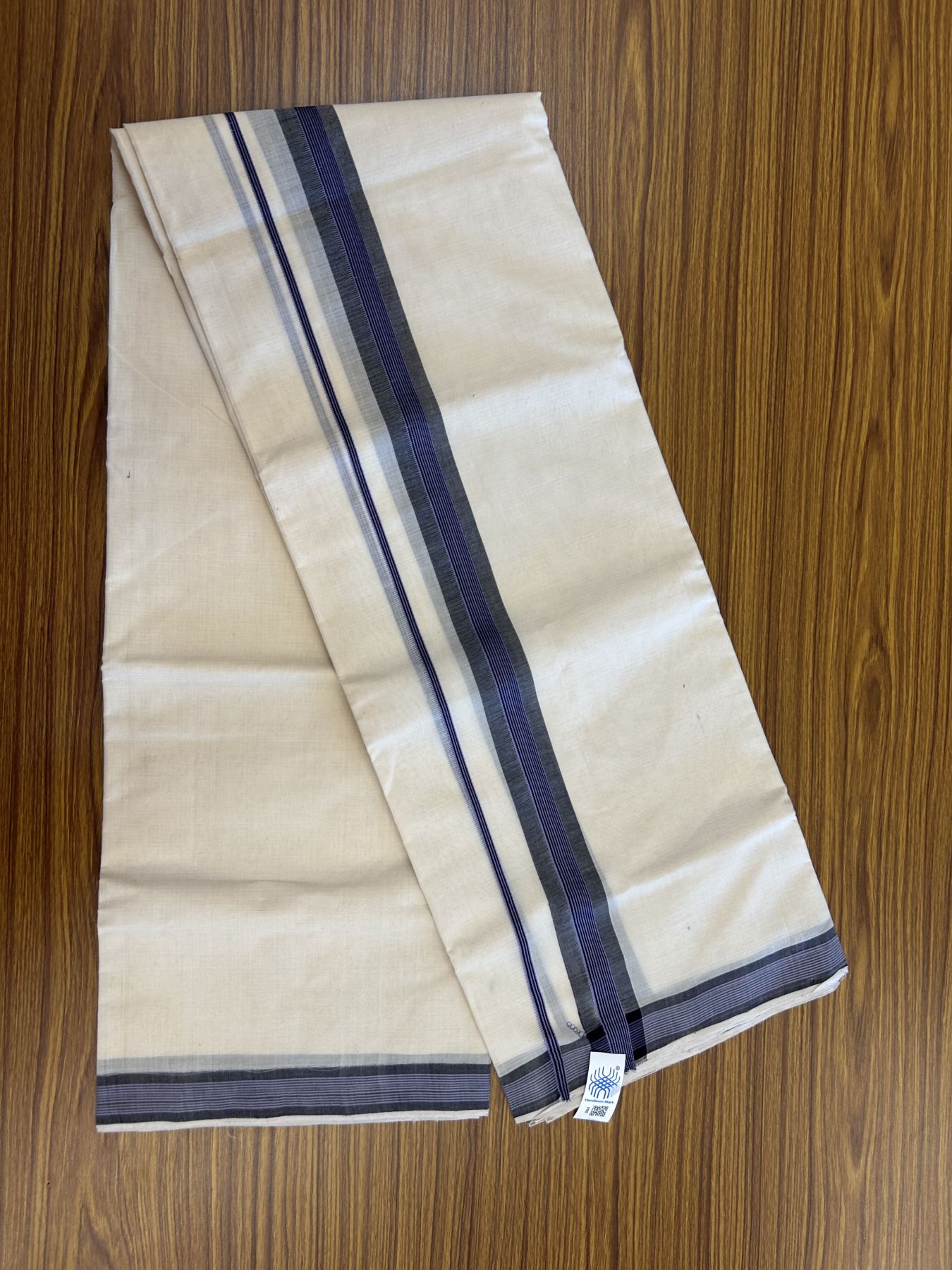 Kerala Handloom - Signature Kaitharikada - 25% Discount!! -100% Pure Cotton! (90X80s) Twisted Thread- Off White Double Mundu/Dhoti - 1.5 inch Black & Bright Lavender Striped Kara 4 mtr (8.5 muzham) - 15 KK5331 KAL