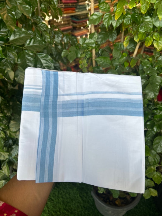 20% Discount ! Kaitharikada Balaramapuram 100% Cotton PURE WHITE Double Mundu/Dothi - 100x80 - 1.5 inch Blue Shaded Striped Kara 3.90 mtr (8 muzham) - 83 KK5294 THI