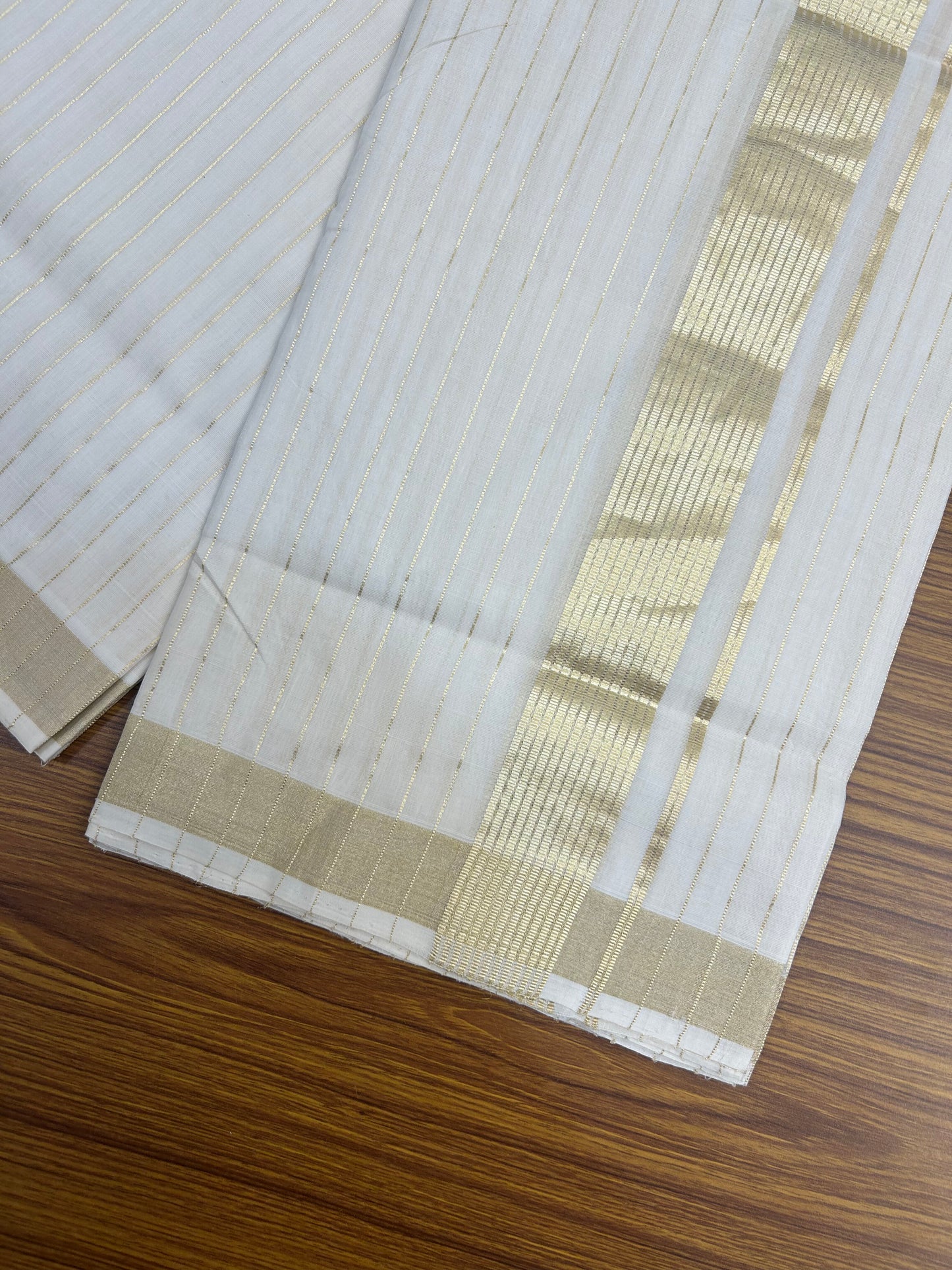 25% Discount ! KaithariKada Handloom Unakkupaav - Kerala Handloom - 100% Pure Cotton Off White - (Unbleached) Double Mundu/Dhoti - 100x80 - 1.75 inch Light Kasav kara with Full Body Stripes 4 mtr (8.5 Muzham) - 3 KK5375 ABH