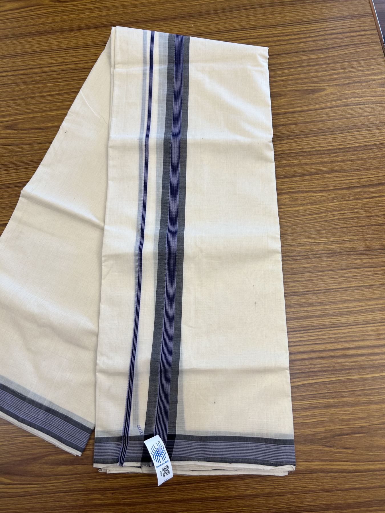 Kerala Handloom - Signature Kaitharikada - 25% Discount!! -100% Pure Cotton! (90X80s) Twisted Thread- Off White Double Mundu/Dhoti - 1.5 inch Black & Bright Lavender Striped Kara 4 mtr (8.5 muzham) - 15 KK5331 KAL