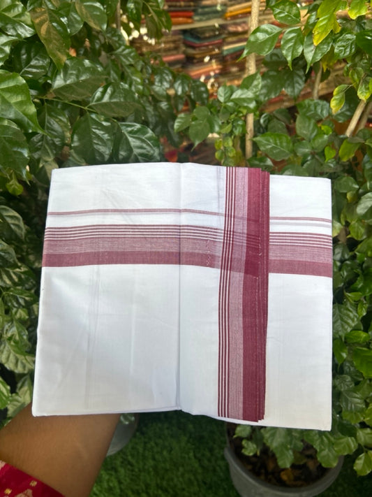 20% Discount ! Kaitharikada Balaramapuram 100% Cotton PURE WHITE Double Mundu/Dothi - 100x80 - 1.5 inch Maroon Shaded Striped Kara 3.90 mtr (8 muzham) - 78 KK5294 THI