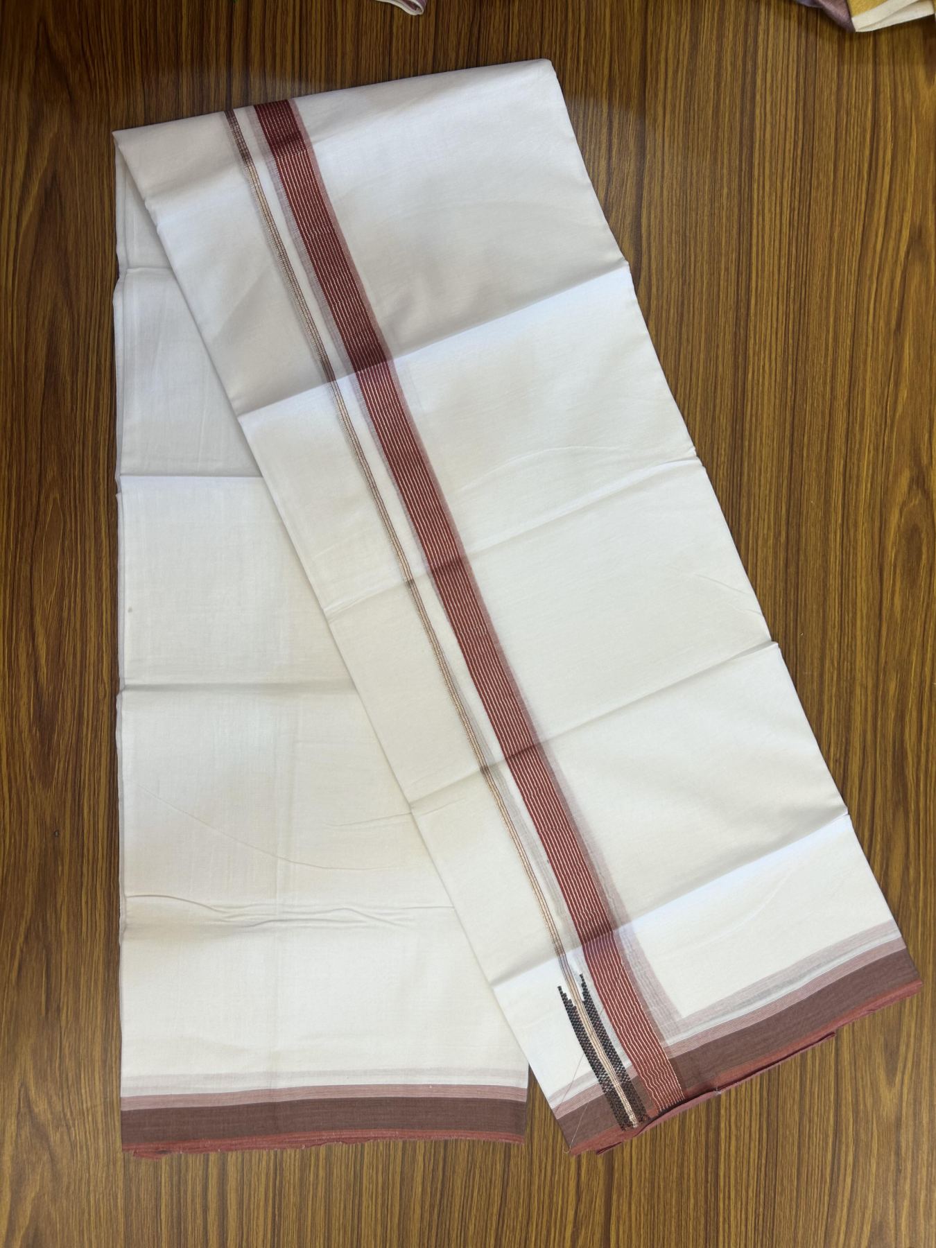 20% Discount!! Kaitharikada Balaramapuram 100% Pure Cotton Pure White Double Mundu/Dothi - 100x80 - 0.75 inch Dark Dusty Rose & Black Silver Kasav Stripes Chutty Kara 3.90 m (8 muzham) - 17 KK5356 VAS