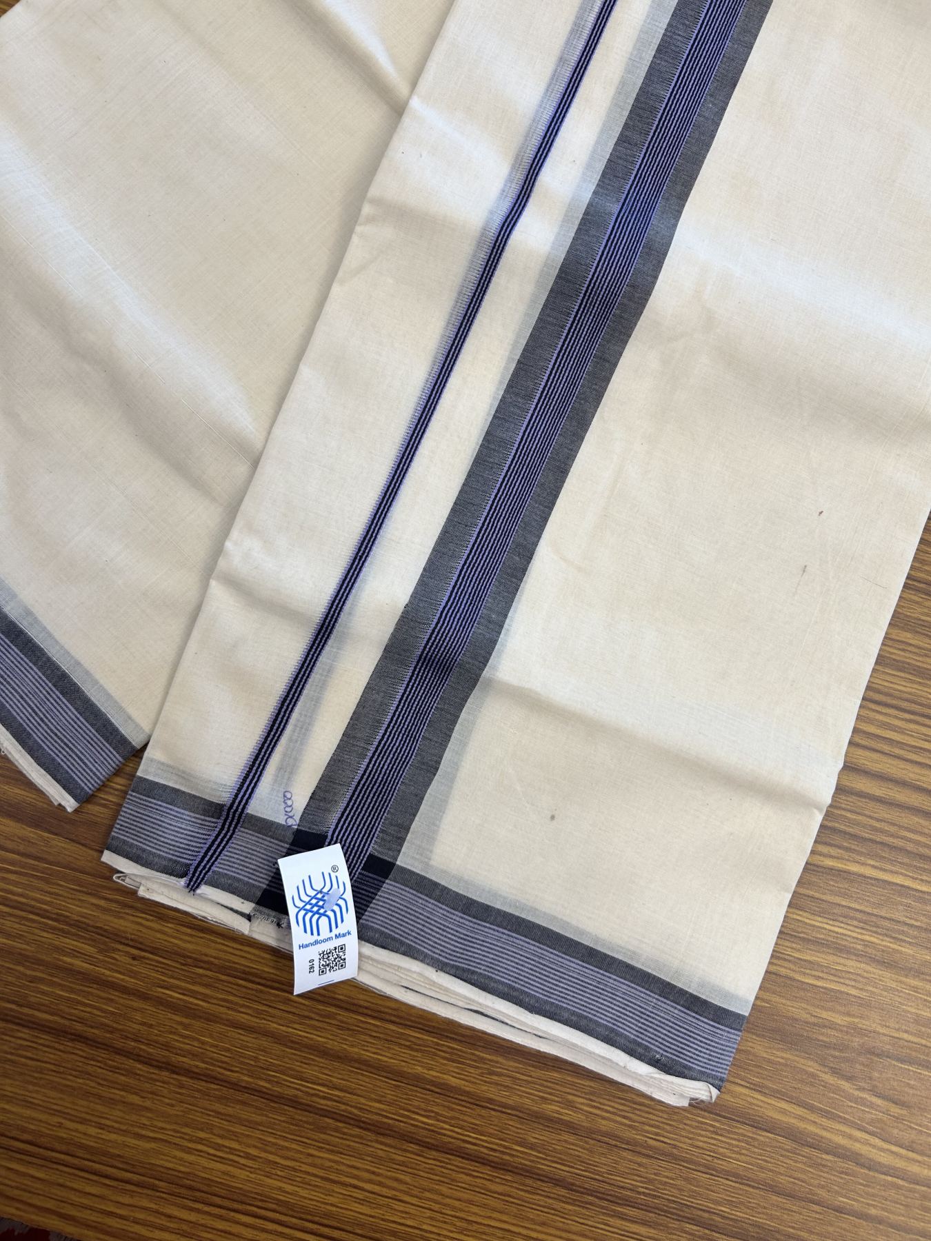 Kerala Handloom - Signature Kaitharikada - 25% Discount!! -100% Pure Cotton! (90X80s) Twisted Thread- Off White Double Mundu/Dhoti - 1.5 inch Black & Bright Lavender Striped Kara 4 mtr (8.5 muzham) - 15 KK5331 KAL