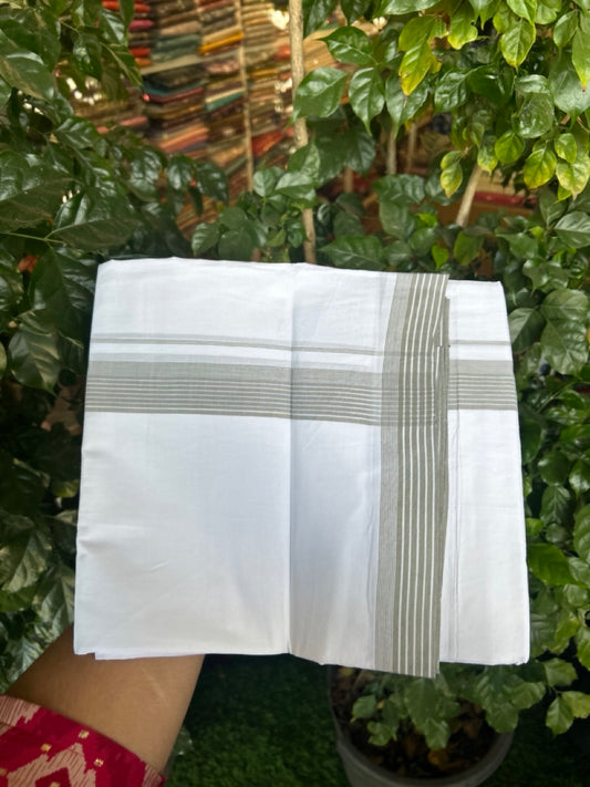 20% Discount ! Kaitharikada Balaramapuram 100% Cotton PURE WHITE Double Mundu/Dothi - 100x80 - 1.25 inch Ash Green Shaded Striped Kara 3.90 mtr (8 muzham) - 77 KK5294 THI