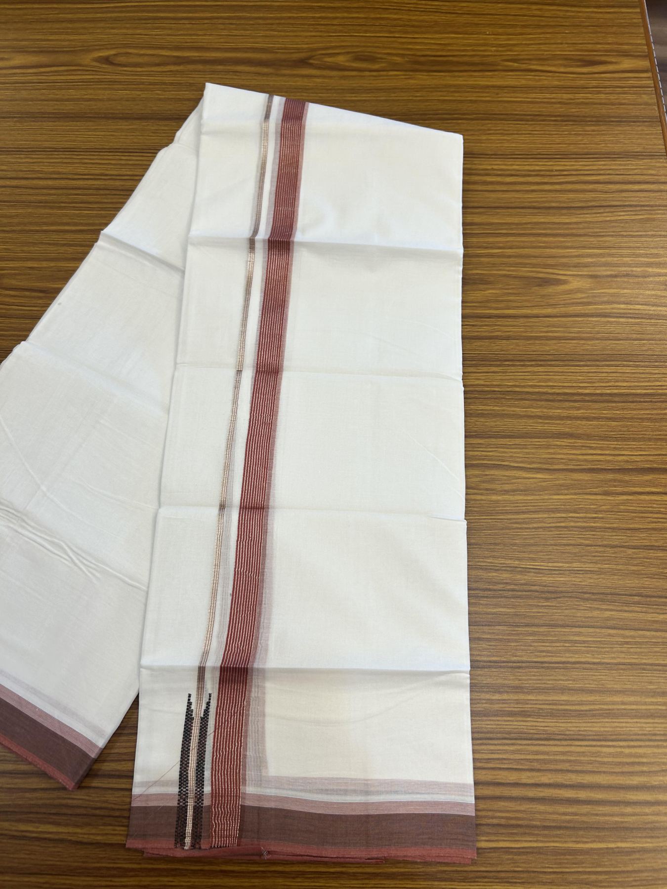 20% Discount!! Kaitharikada Balaramapuram 100% Pure Cotton Pure White Double Mundu/Dothi - 100x80 - 0.75 inch Dark Dusty Rose & Black Silver Kasav Stripes Chutty Kara 3.90 m (8 muzham) - 17 KK5356 VAS
