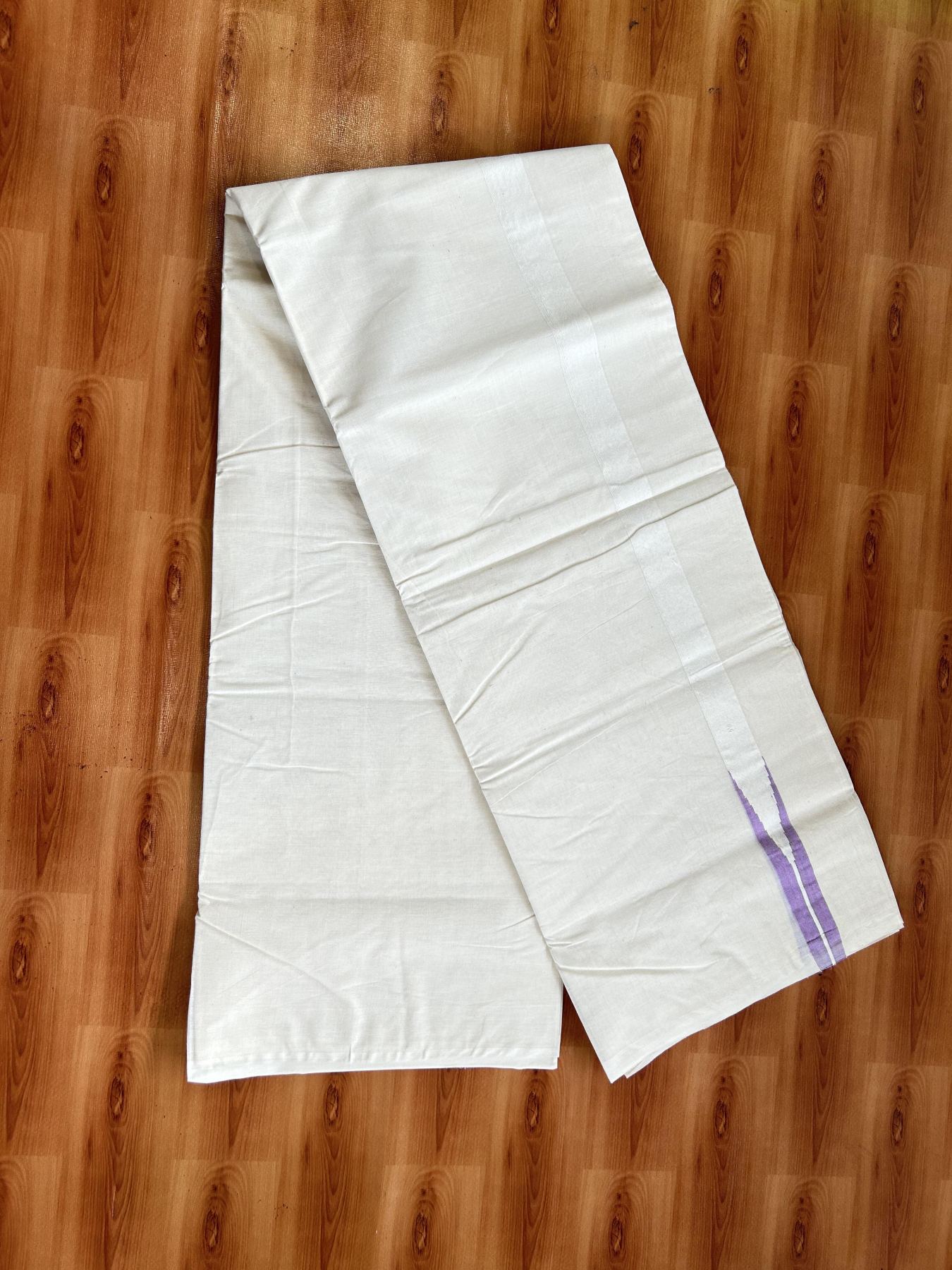 Double Off white Mundu/Dhoti - 20% Discount! KaithariKada Balaramapuram - 100% Cotton  100x100 - 1 inch Lavender shaded Chutty Kara - 4 mtr (8.5 muzham) - 30 KK5392 ASH