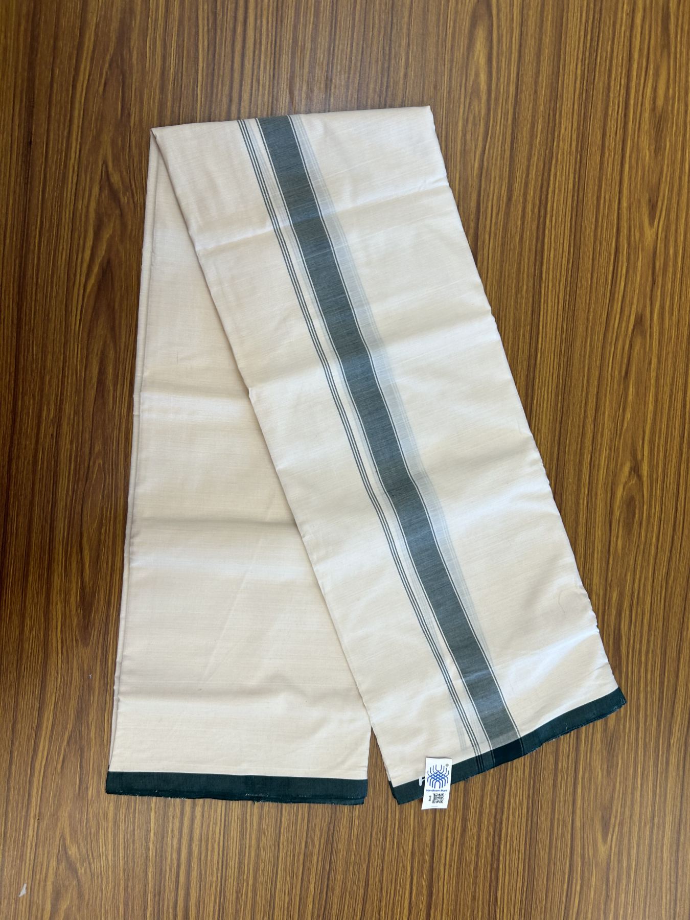 Kerala Handloom - Signature Kaitharikada -100% Pure Cotton! (2/120X2/160) Twisted Thread- Off White Double Mundu/Dhoti - 1.25 inch Green Striped Kara 4 mtr (8.5 muzham) - 16 KK5331 KAL