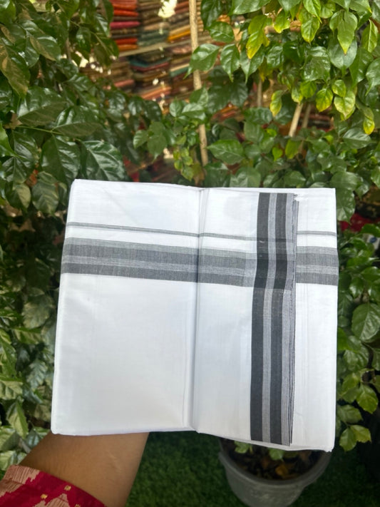 20% Discount ! Kaitharikada Balaramapuram 100% Cotton PURE WHITE Double Mundu/Dothi - 100x80 - 1.25 inch Black Shaded Striped Kara 3.90 mtr (8 muzham) - 76 KK5294 THI