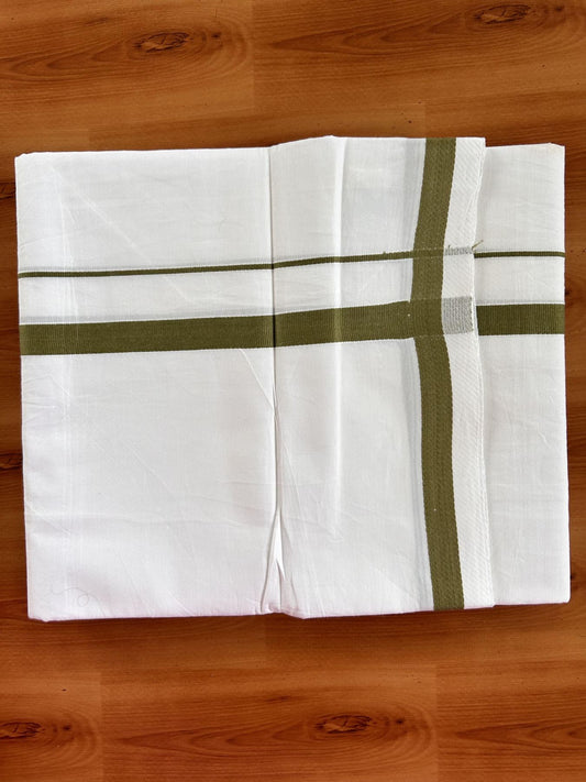 Single Pure White Mundu/Dhoti - KaithariKada Balaramapuram Pure Cotton - 70x30 - 0.5 Inch Olive Green Kara 1.90 mtr (4 muzham) - 4 KK5418 PMC