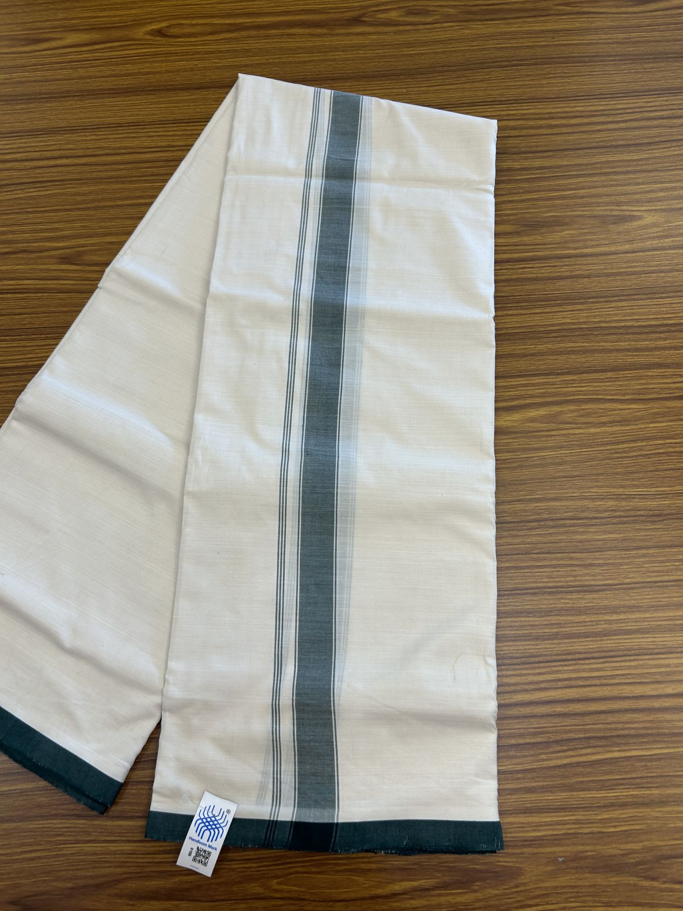 Kerala Handloom - Signature Kaitharikada -100% Pure Cotton! (2/120X2/160) Twisted Thread- Off White Double Mundu/Dhoti - 1.25 inch Green Striped Kara 4 mtr (8.5 muzham) - 16 KK5331 KAL