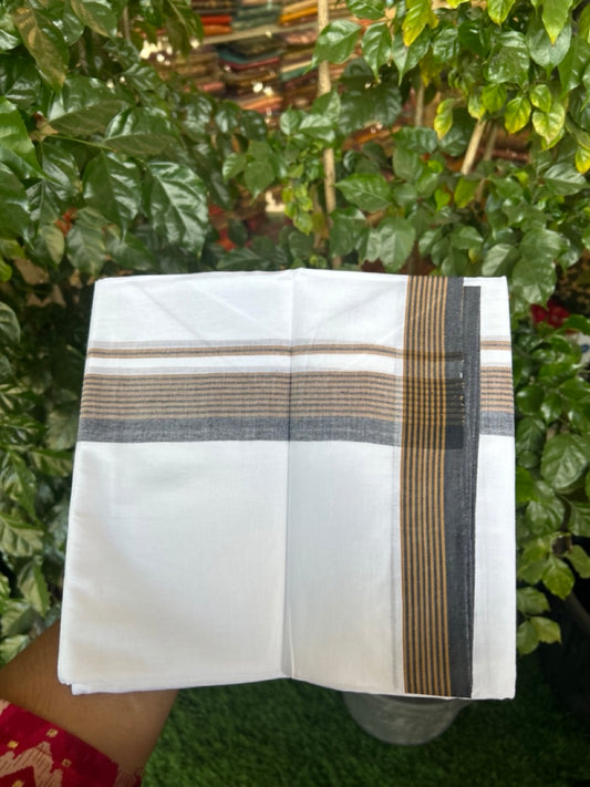 20% Discount ! Kaitharikada Balaramapuram 100% Cotton PURE WHITE Double Mundu/Dothi - 100x80 - 1.5 inch Black & Brown Shaded Striped Kara 3.90 mtr (8 muzham) - 82 KK5294 THI