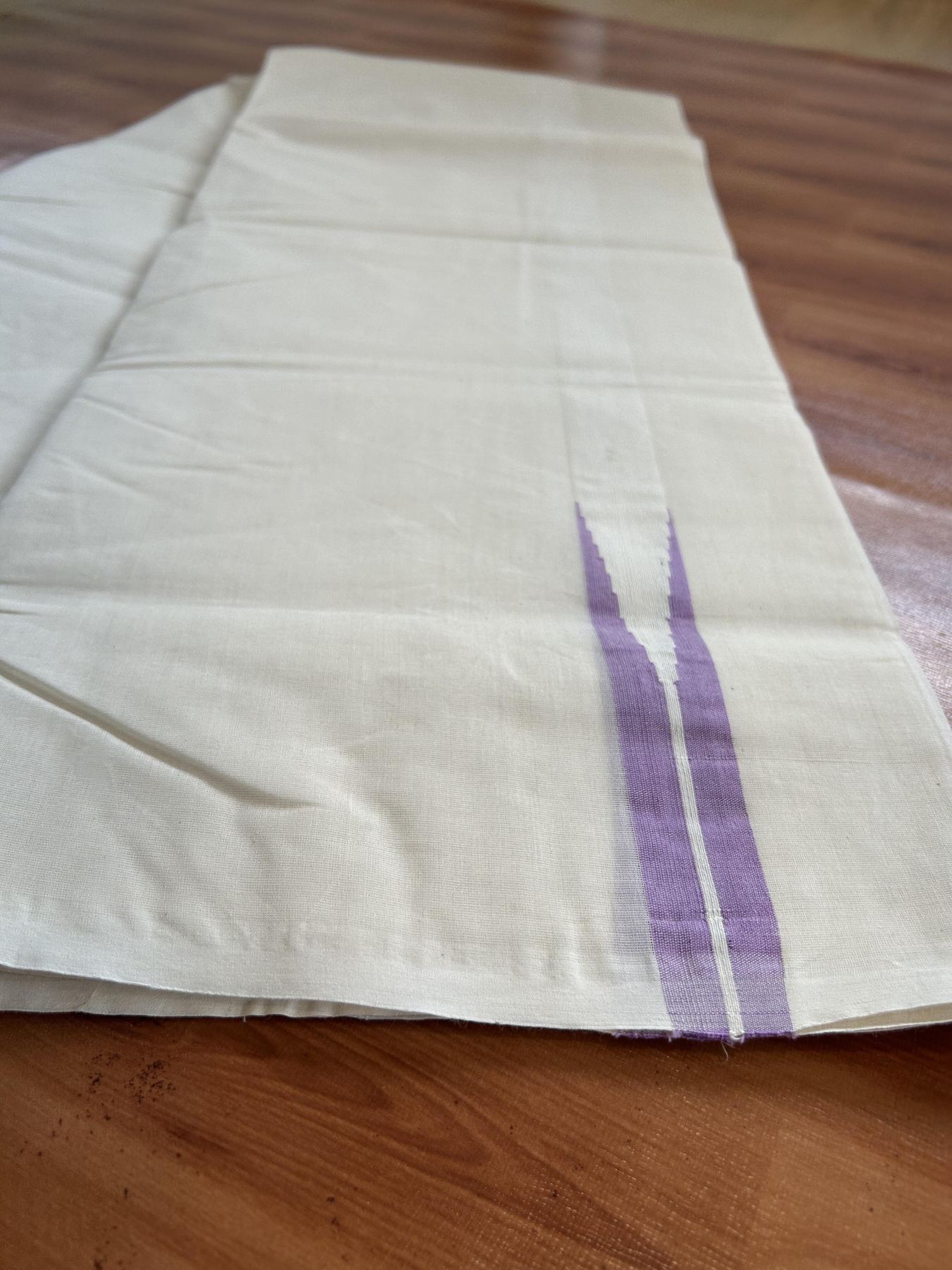 Double Off white Mundu/Dhoti - 20% Discount! KaithariKada Balaramapuram - 100% Cotton  100x100 - 1 inch Lavender shaded Chutty Kara - 4 mtr (8.5 muzham) - 30 KK5392 ASH