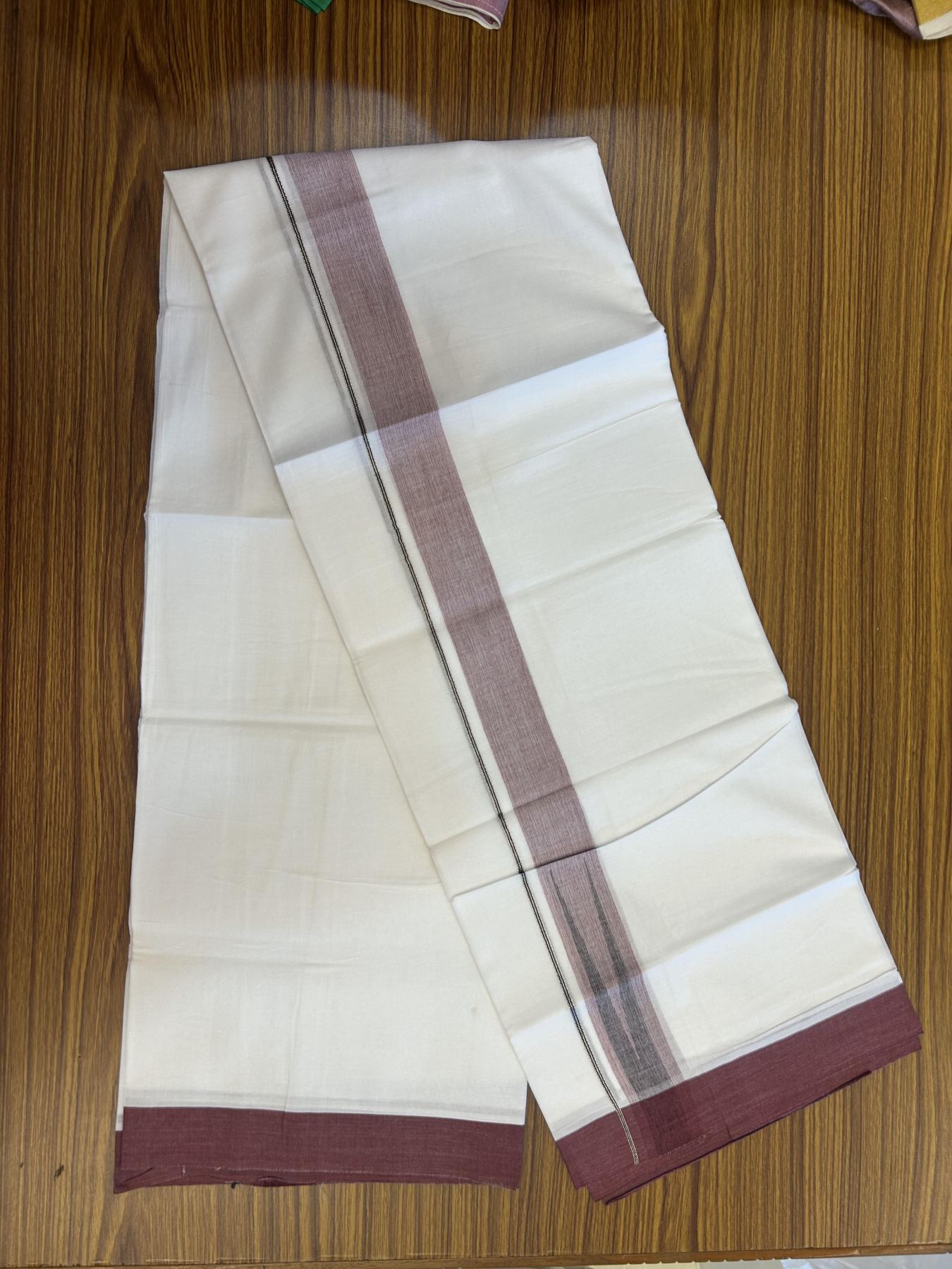 20% Discount!! Kaitharikada Balaramapuram 100% Pure Cotton Pure White Double Mundu/Dothi - 100x80 - 1.5 inch Maroon & Black Silver Kasav Stripes Chutty Kara 3.90 m (8 muzham) - 22 KK5356 VAS