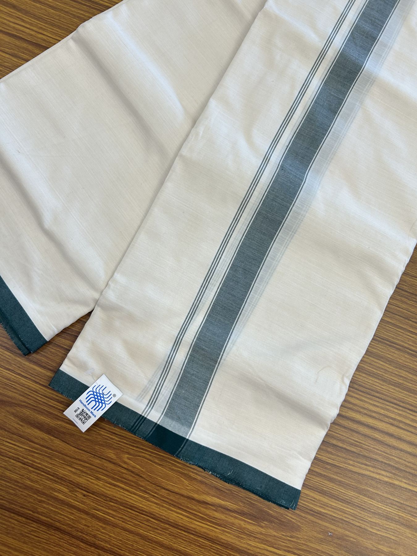 Kerala Handloom - Signature Kaitharikada -100% Pure Cotton! (2/120X2/160) Twisted Thread- Off White Double Mundu/Dhoti - 1.25 inch Green Striped Kara 4 mtr (8.5 muzham) - 16 KK5331 KAL