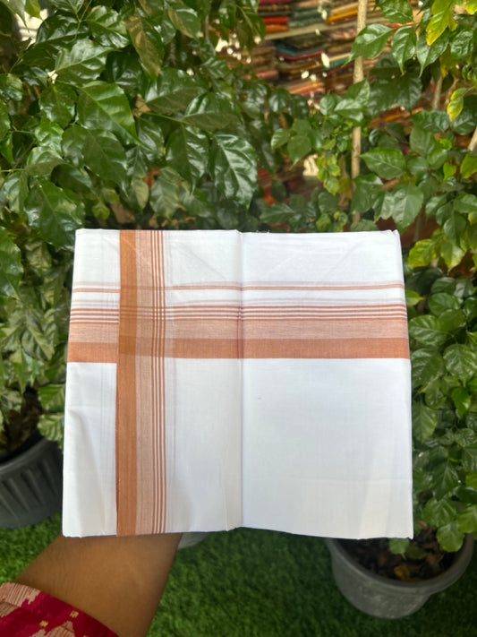 20% Discount ! Kaitharikada Balaramapuram 100% Cotton PURE WHITE Double Mundu/Dothi - 100x80 - 1.5 inch Light Orange Shaded Striped Kara 3.90 mtr (8 muzham) - 80 KK5294 THI