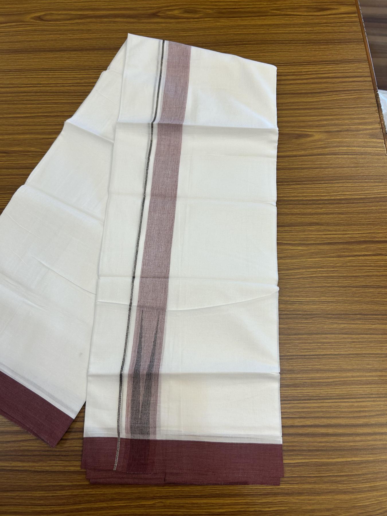 20% Discount!! Kaitharikada Balaramapuram 100% Pure Cotton Pure White Double Mundu/Dothi - 100x80 - 1.5 inch Maroon & Black Silver Kasav Stripes Chutty Kara 3.90 m (8 muzham) - 22 KK5356 VAS