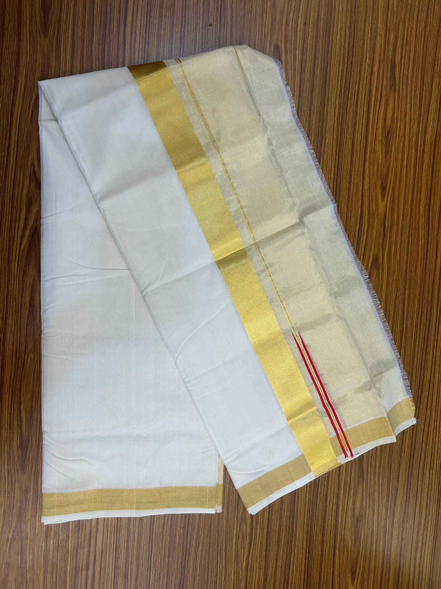 25% Discount ! KaithariKada Handloom Unakkupaav - Kerala Handloom - 100% Pure Cotton Off White - (Unbleached) Double Mundu/Dhoti - 100x80 - 1.75 inch Gold Kasav Red chutty kara with side tissue 4 mtr (8.5 Muzham) - 7 KK5375 ABH