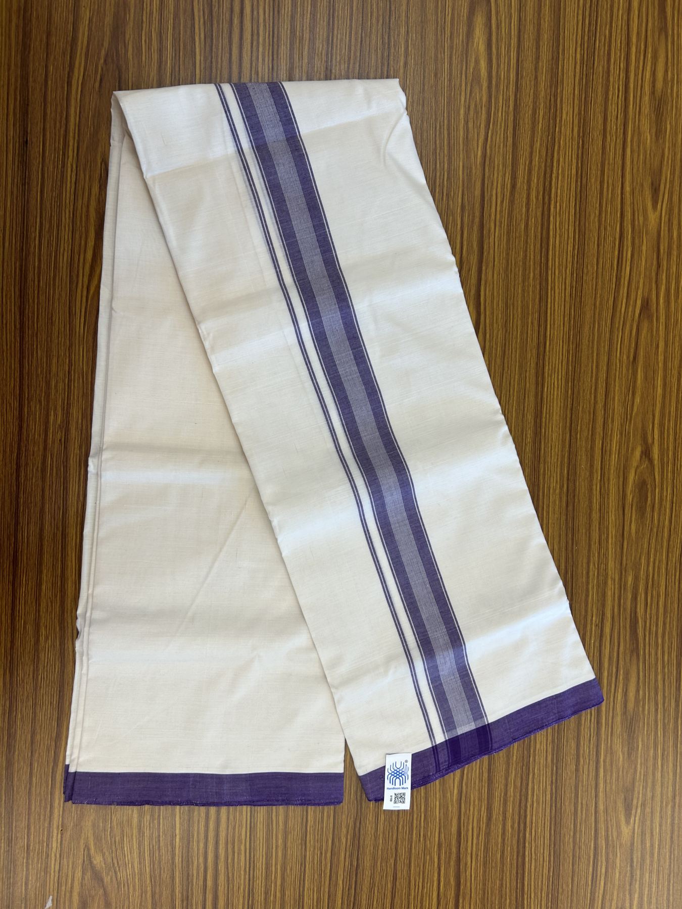 Kerala Handloom - Signature Kaitharikada - 100% Pure Cotton! (2/120X2/160) Twisted Thread- Off White Double Mundu/Dhoti - 1.75 inch Violet Striped Kara 4 mtr (8.5 muzham) - 17 KK5331 KAL