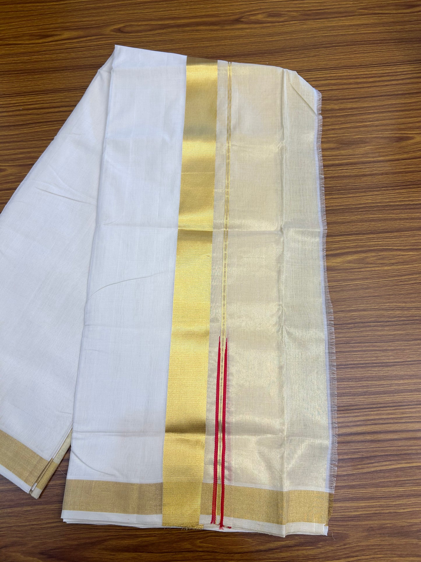 25% Discount ! KaithariKada Handloom Unakkupaav - Kerala Handloom - 100% Pure Cotton Off White - (Unbleached) Double Mundu/Dhoti - 100x80 - 1.75 inch Gold Kasav Red chutty kara with side tissue 4 mtr (8.5 Muzham) - 7 KK5375 ABH
