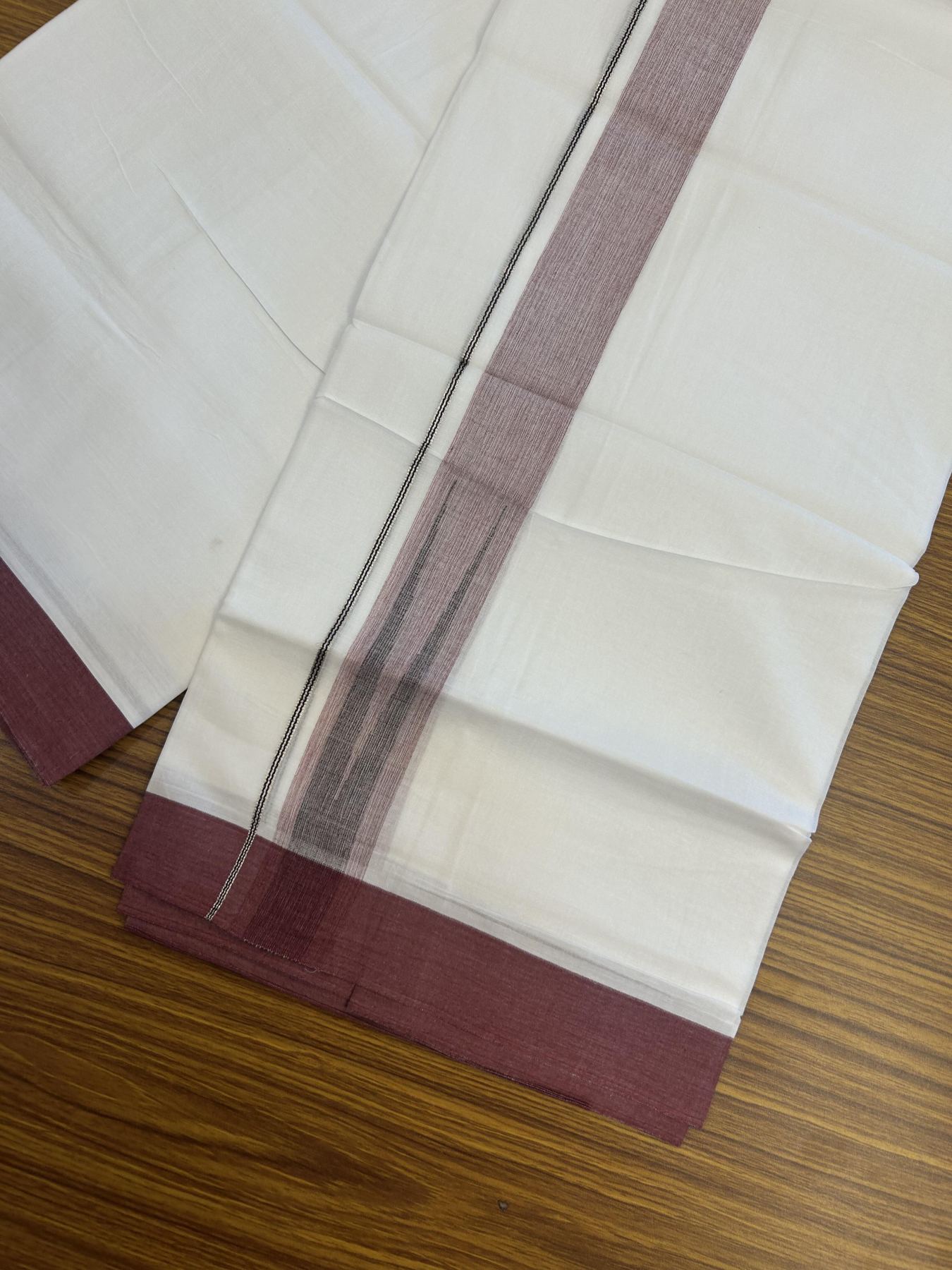 20% Discount!! Kaitharikada Balaramapuram 100% Pure Cotton Pure White Double Mundu/Dothi - 100x80 - 1.5 inch Maroon & Black Silver Kasav Stripes Chutty Kara 3.90 m (8 muzham) - 22 KK5356 VAS
