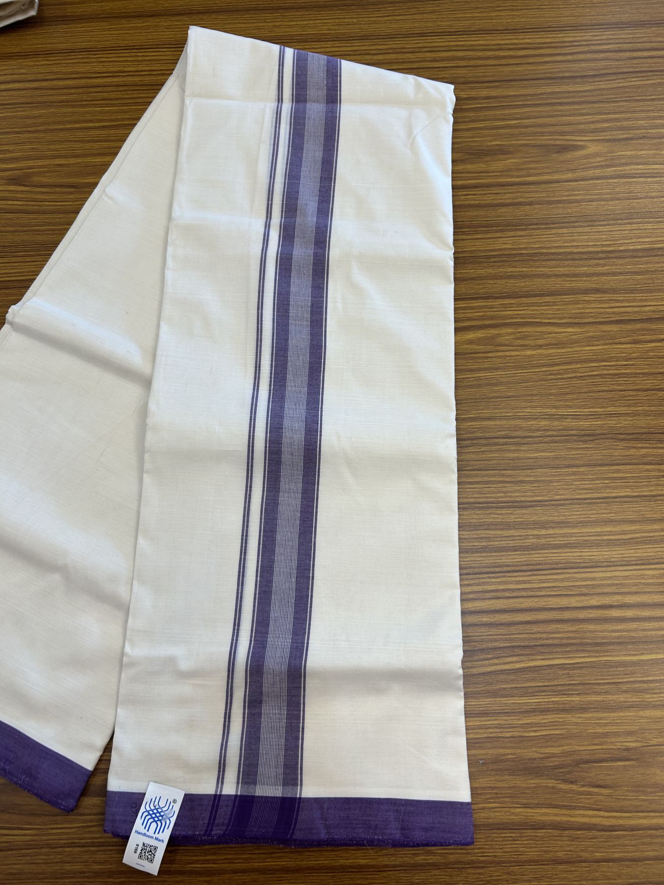 Kerala Handloom - Signature Kaitharikada - 100% Pure Cotton! (2/120X2/160) Twisted Thread- Off White Double Mundu/Dhoti - 1.75 inch Violet Striped Kara 4 mtr (8.5 muzham) - 17 KK5331 KAL