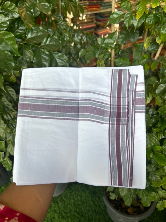20% Discount ! Kaitharikada Balaramapuram 100% Cotton PURE WHITE Double Mundu/Dothi - 100x80 - 1.75 inch Black & Purple Shaded Striped Kara 3.90 mtr (8 muzham) - 68 KK5294 THI