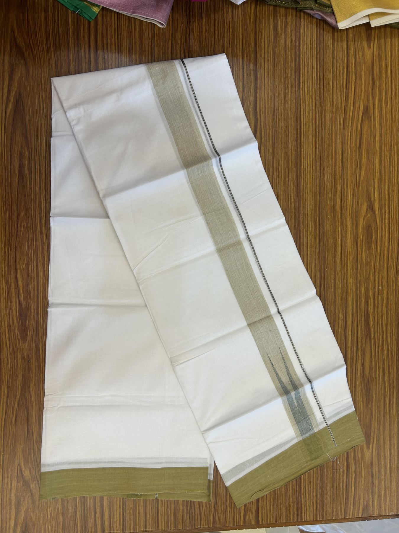 20% Discount!! Kaitharikada Balaramapuram 100% Pure Cotton Pure White Double Mundu/Dothi - 100x80 - 1.5 inch Dark Mustard & Green Silver Kasav Stripes Chutty Kara 3.90 m (8 muzham) - 24 KK5356 VAS