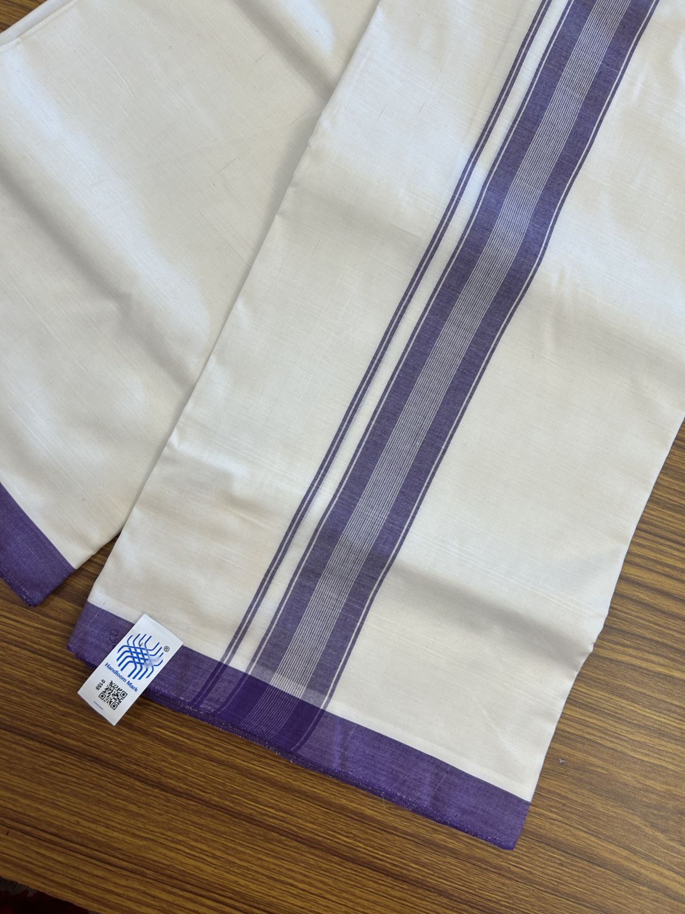 Kerala Handloom - Signature Kaitharikada - 100% Pure Cotton! (2/120X2/160) Twisted Thread- Off White Double Mundu/Dhoti - 1.75 inch Violet Striped Kara 4 mtr (8.5 muzham) - 17 KK5331 KAL