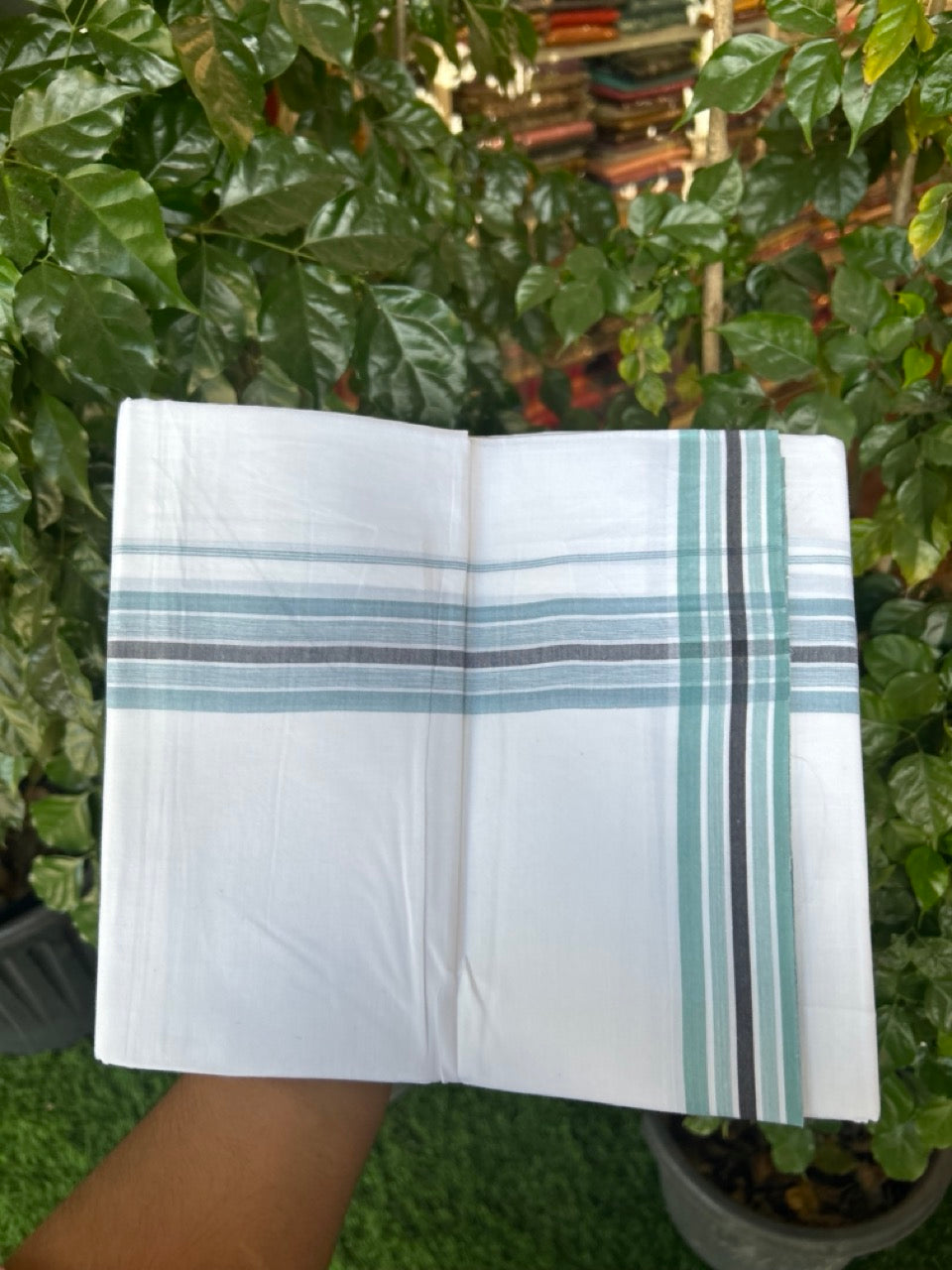 20% Discount ! Kaitharikada Balaramapuram 100% Cotton PURE WHITE Double Mundu/Dothi - 100x80 - 1.5 inch Light Teal Blue & Black Shaded Striped Design Kara 3.90 mtr (8 muzham) - 35 KK5294 THI