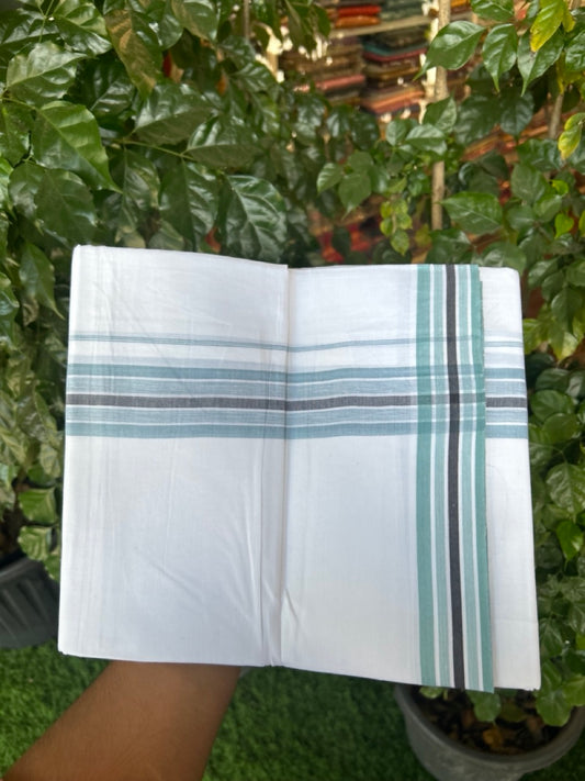 20% Discount ! Kaitharikada Balaramapuram 100% Cotton PURE WHITE Double Mundu/Dothi - 100x80 - 1.5 inch Light Teal Blue & Black Shaded Striped Design Kara 3.90 mtr (8 muzham) - 35 KK5294 THI