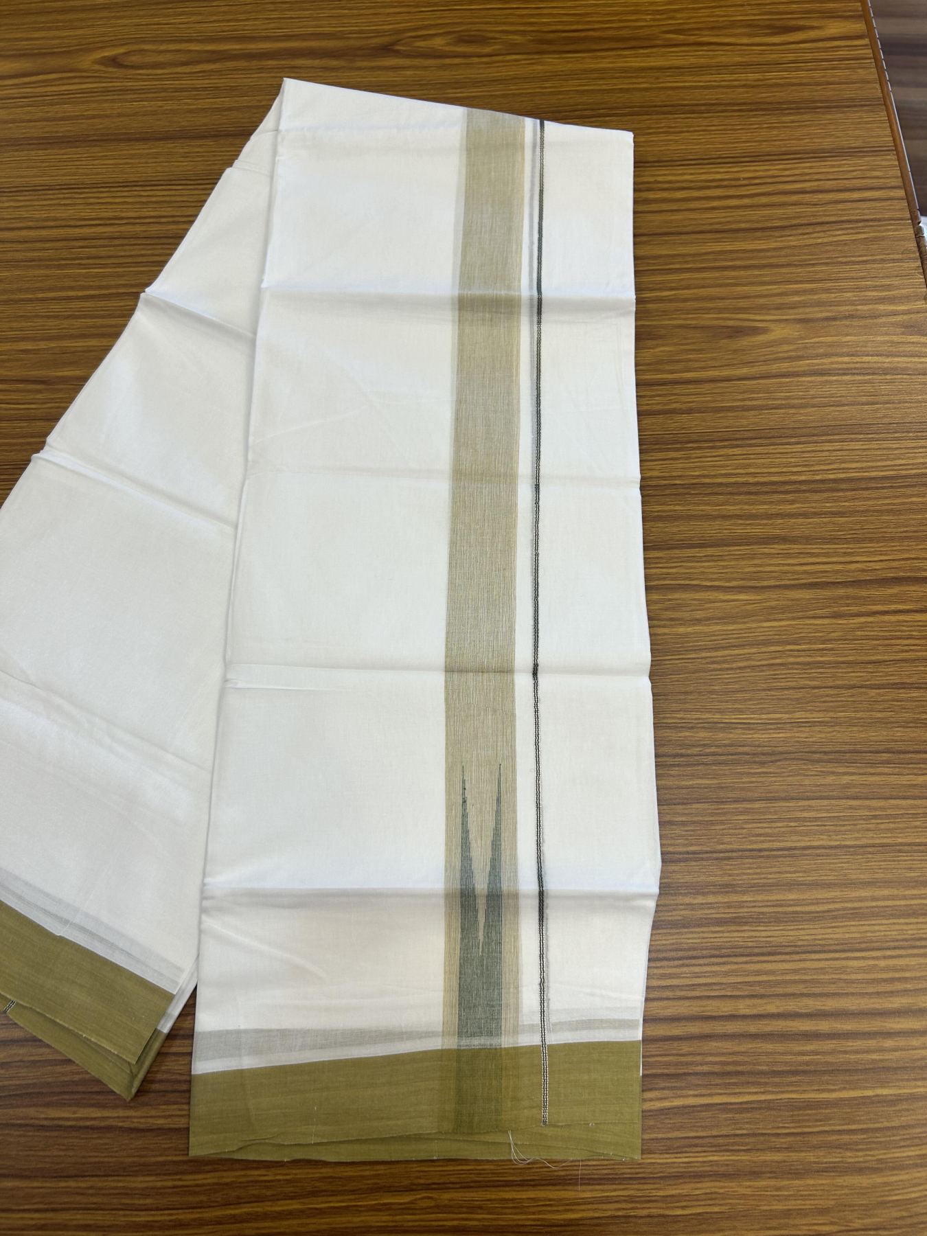 20% Discount!! Kaitharikada Balaramapuram 100% Pure Cotton Pure White Double Mundu/Dothi - 100x80 - 1.5 inch Dark Mustard & Green Silver Kasav Stripes Chutty Kara 3.90 m (8 muzham) - 24 KK5356 VAS