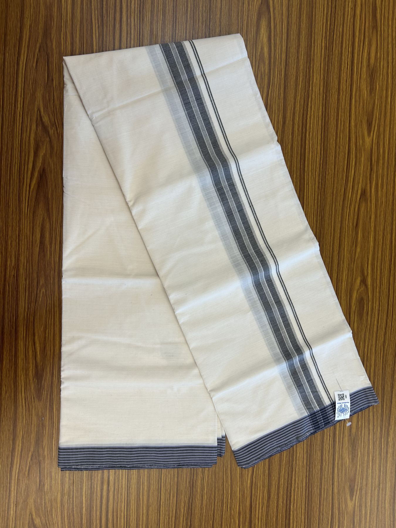 Kerala Handloom - Signature Kaitharikada - Government Sealed Hallmarked-100% Pure Cotton! (2/120sX100) Twisted Thread- Off White Double Mundu/Dhoti - 1.25 inch Black Shaded Striped Kara 4 mtr (8.5 muzham) - 18 KK5331 KAL