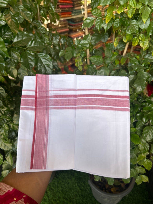 20% Discount ! Kaitharikada Balaramapuram 100% Cotton PURE WHITE Double Mundu/Dothi - 100x80 - 1.5 inch Light Maroon Shaded Striped Kara 3.90 mtr (8 muzham) - 38 KK5294 THI