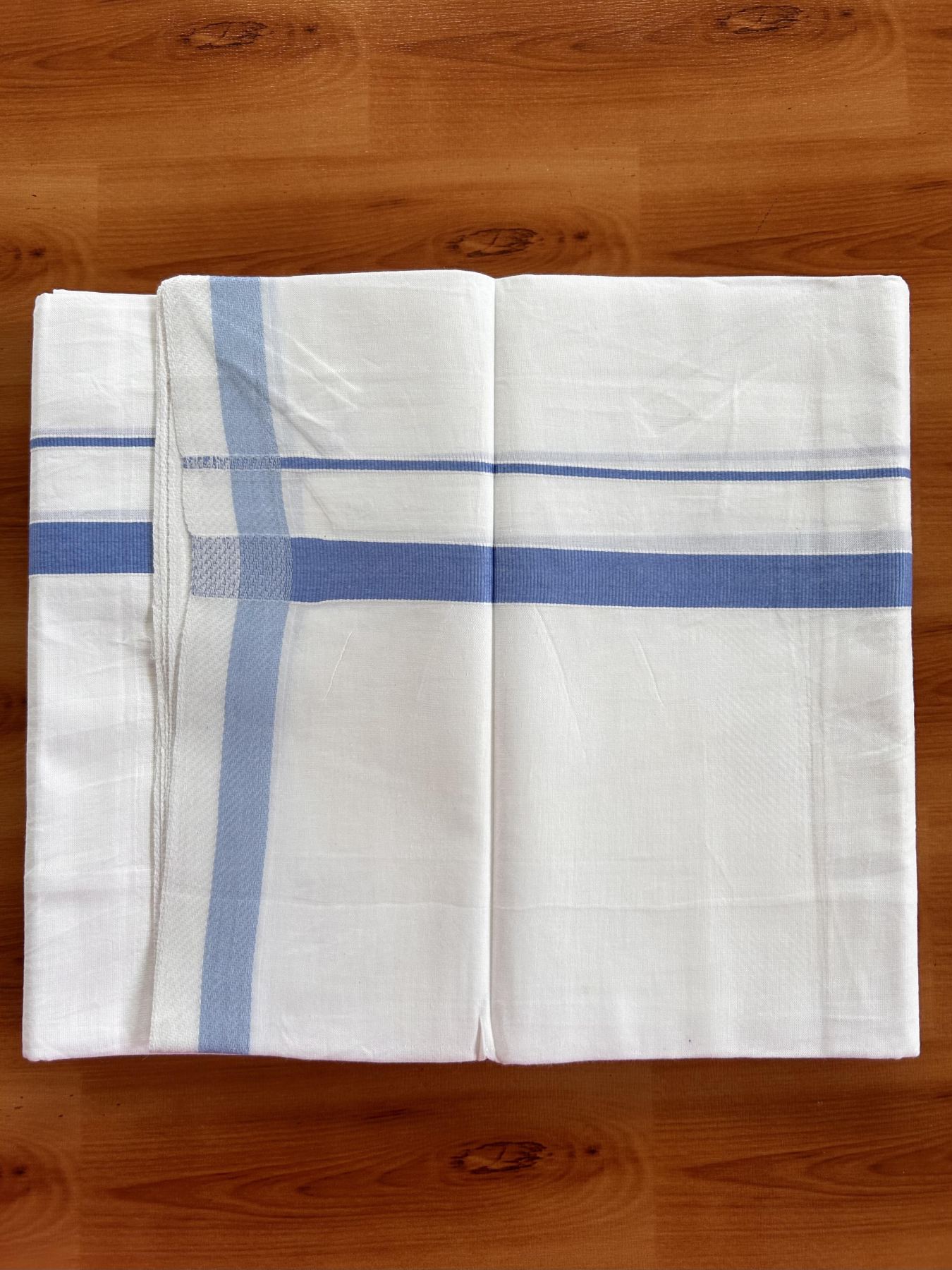 Single Pure White Mundu/Dhoti - KaithariKada Balaramapuram Pure Cotton - 70x30 - 0.5 Inch Light Blue Kara 1.90 mtr (4 muzham) - 2 KK5418 PMC