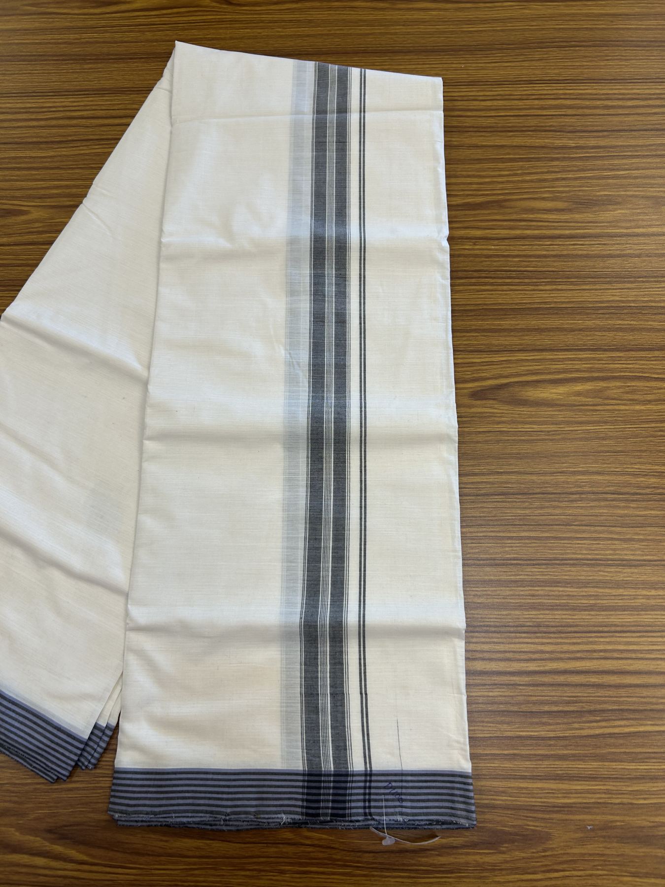 Kerala Handloom - Signature Kaitharikada - Government Sealed Hallmarked-100% Pure Cotton! (2/120sX100) Twisted Thread- Off White Double Mundu/Dhoti - 1.25 inch Black Shaded Striped Kara 4 mtr (8.5 muzham) - 18 KK5331 KAL
