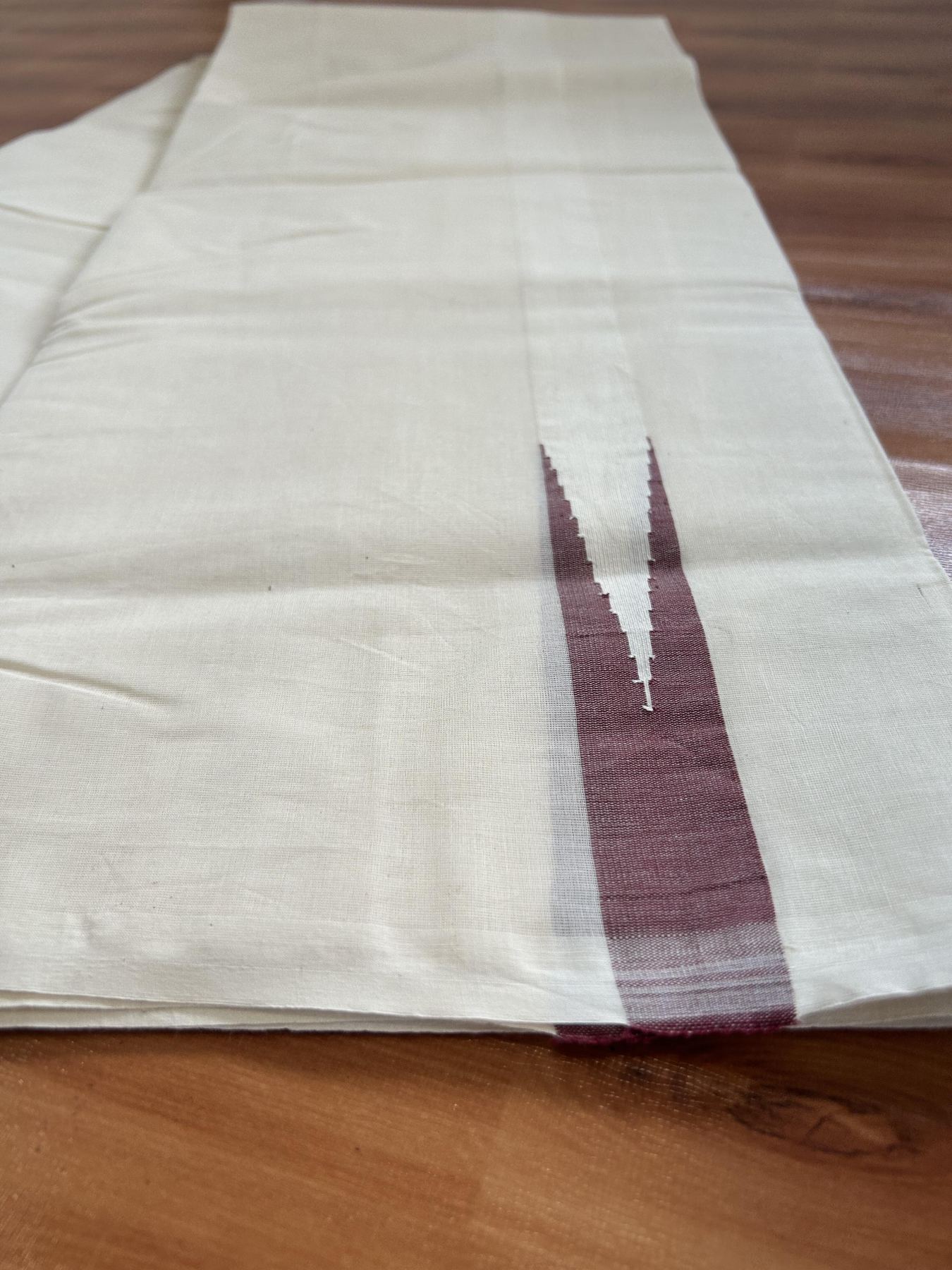Double Off white Mundu/Dhoti - 20% Discount! KaithariKada Balaramapuram - 100% Cotton  100x100 - 1 inch Maroon shaded Chutty Kara - 4 mtr (8.5 muzham) - 26 KK5392 ASH