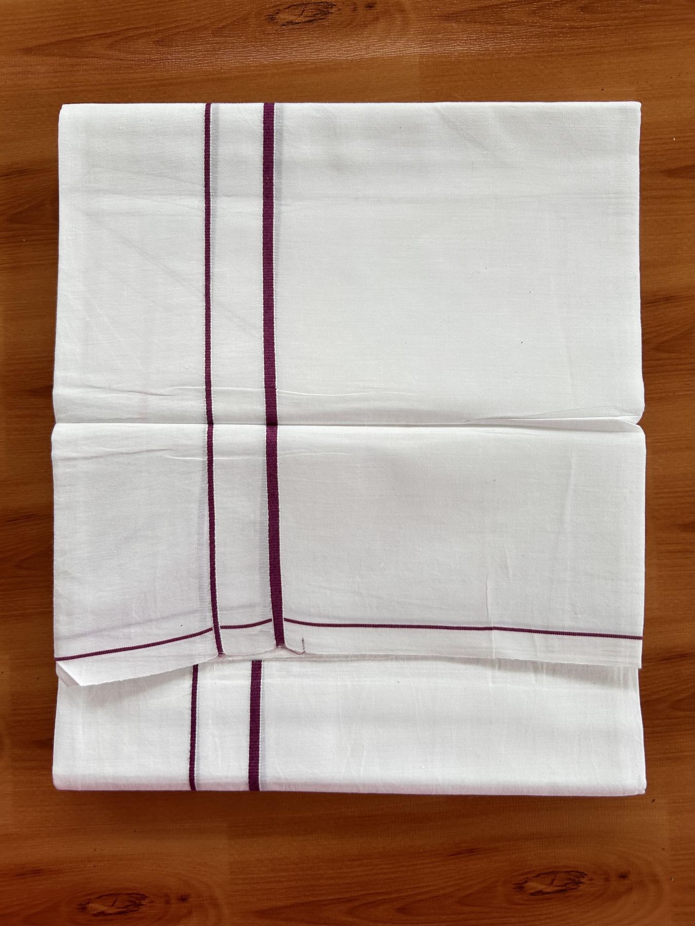 Single Pure White Mundu/Dhoti - KaithariKada Balaramapuram Pure Cotton - 70x30 - 0.3 Inch  Wine Purple Kara 1.90 mtr (4 muzham) - 13 KK5418 PMC