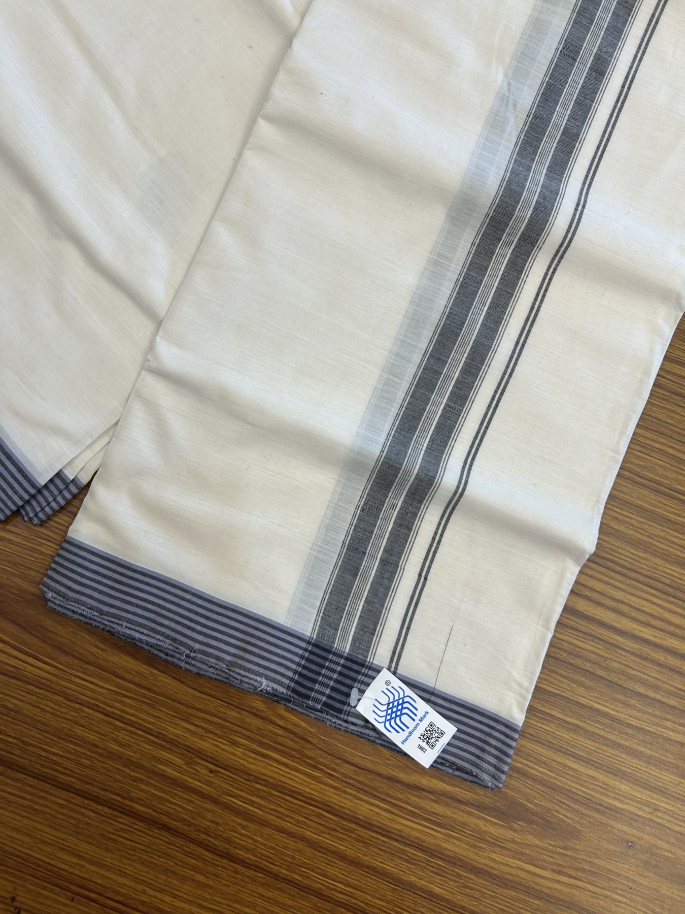 Kerala Handloom - Signature Kaitharikada - Government Sealed Hallmarked-100% Pure Cotton! (2/120sX100) Twisted Thread- Off White Double Mundu/Dhoti - 1.25 inch Black Shaded Striped Kara 4 mtr (8.5 muzham) - 18 KK5331 KAL