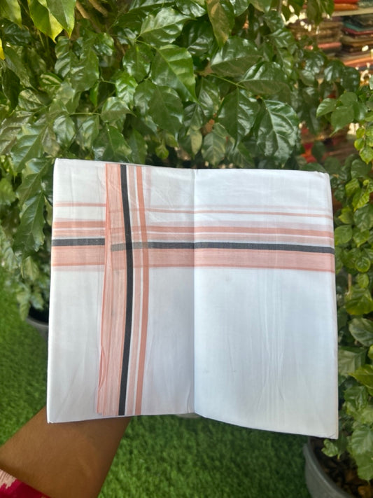 20% Discount ! Kaitharikada Balaramapuram 100% Cotton PURE WHITE Double Mundu/Dothi - 100x80 - 1.5 inch Peach & Black Shaded Striped Design Kara 3.90 mtr (8 muzham) - 37 KK5294 THI