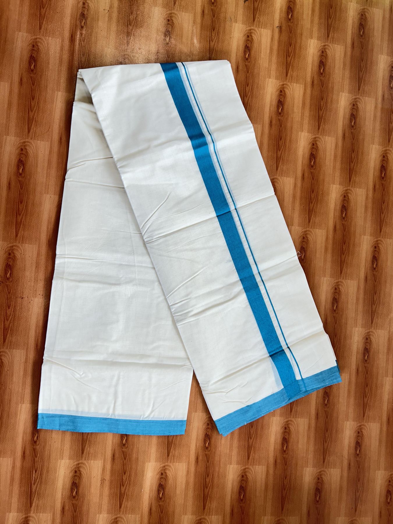 Double Off white (Unbleached)Mundu/Dhoti - 20% Discount KaithariKada Balaramapuram 100% Cotton - 100x100 - 1 inch Peacock Blue Kara - 15 KK5392 ASH