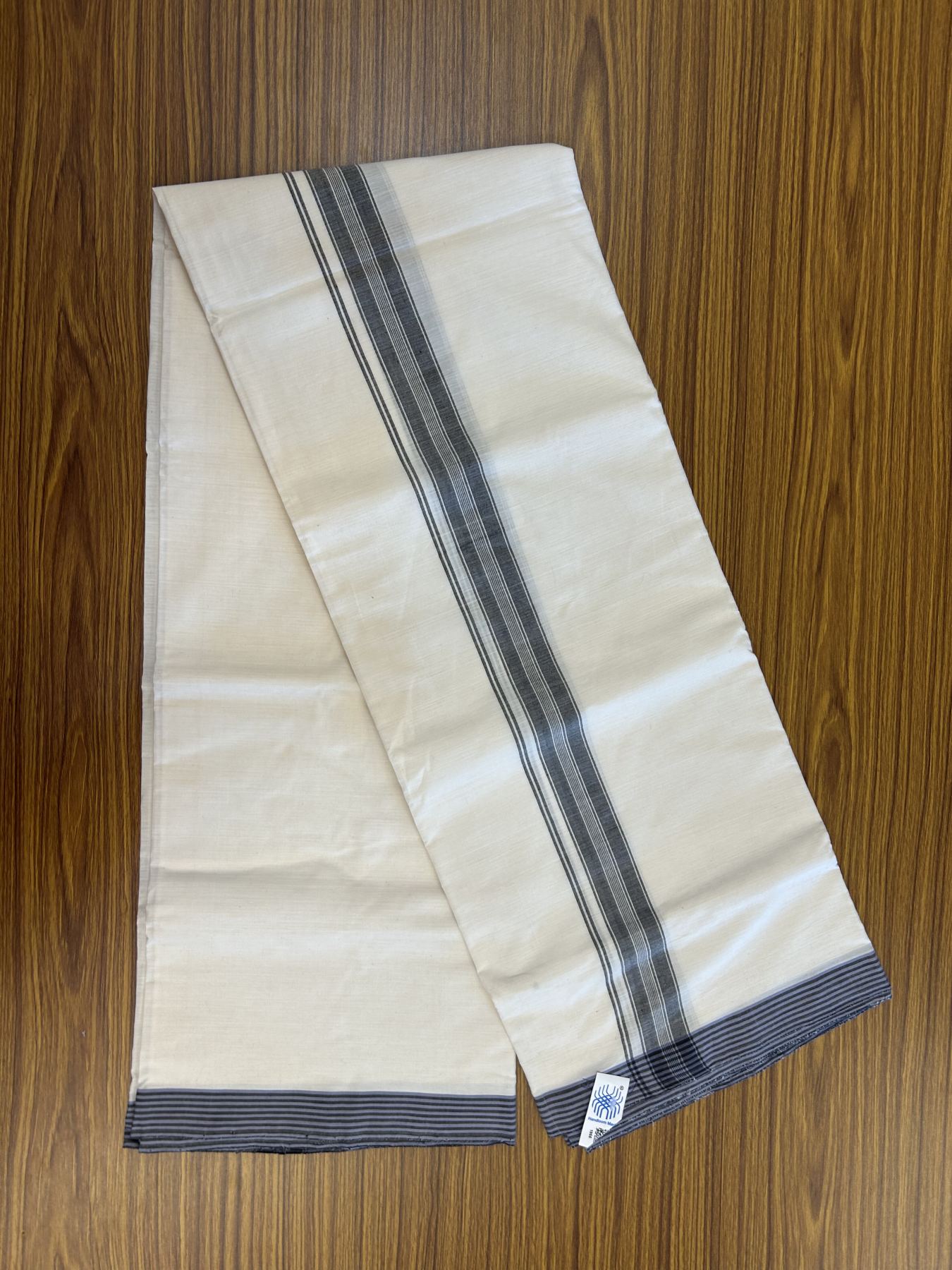 Kerala Handloom - Signature Kaitharikada - Government Sealed Hallmarked-100% Pure Cotton! (2/120sX100) Twisted Thread- Off White Double Mundu/Dhoti - 1.25 inch Black Shaded Striped Kara 4 mtr (8.5 muzham) - 19 KK5331 KAL
